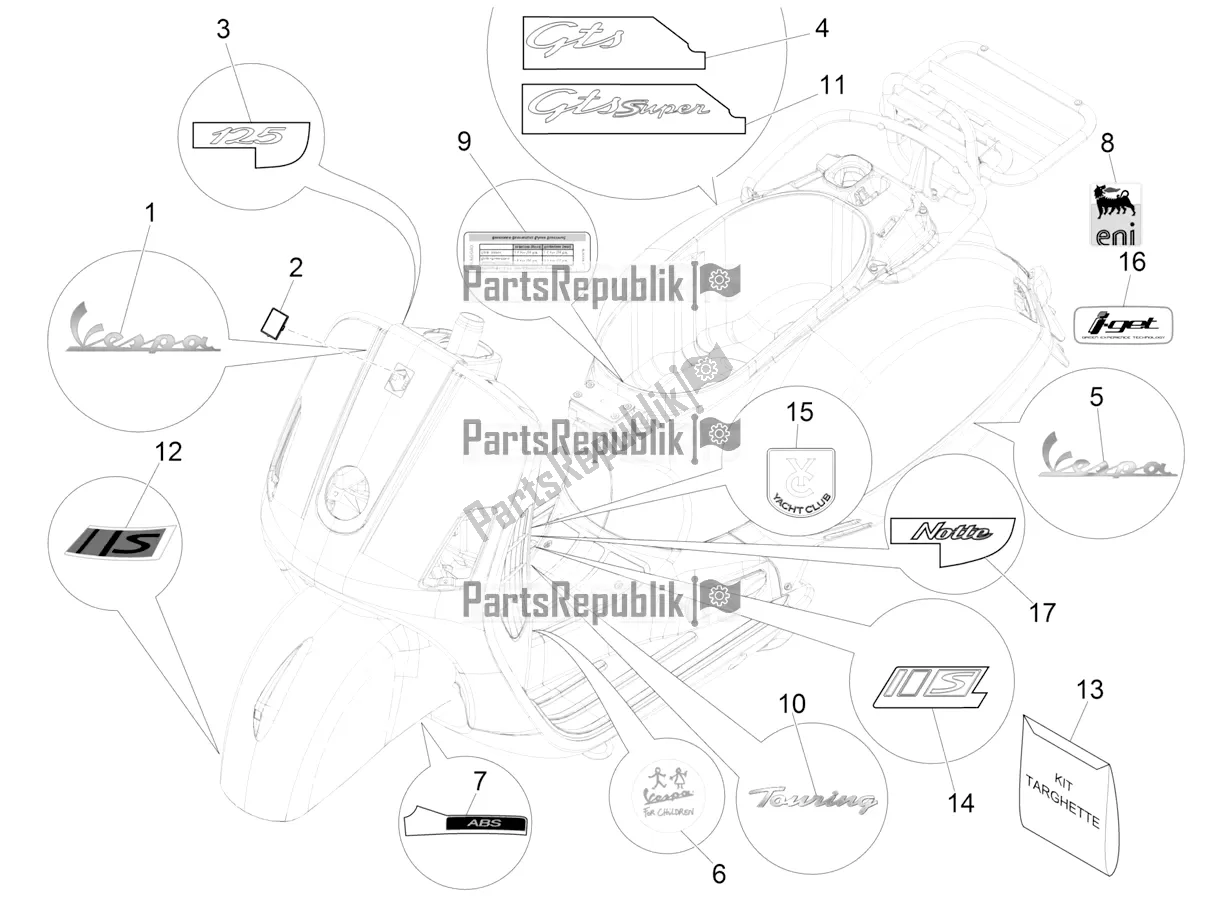 All parts for the Plates - Emblems of the Vespa GTS 125 /GTS Super 0 2016