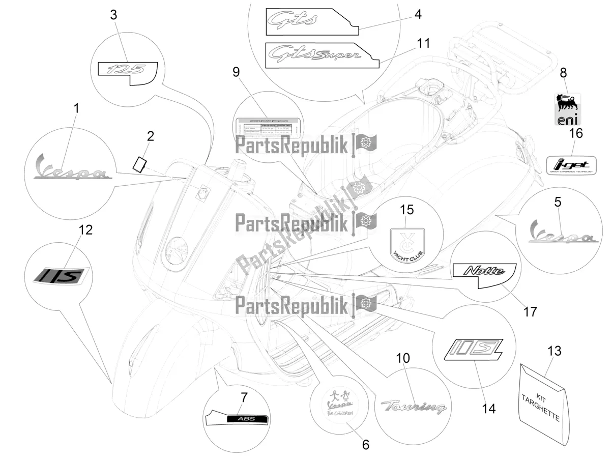 Todas las partes para Placas - Emblemas de Vespa GTS 125 /GTS Super 0 2016
