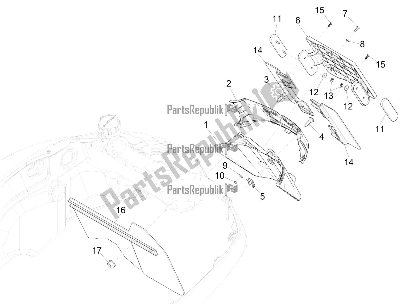 All parts for the Rear Cover - Splash Guard of the Vespa GTS 125 /GTS Super 0 2016