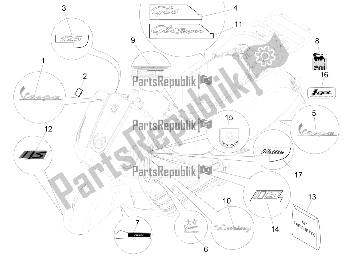 All parts for the Plates - Emblems of the Vespa GTS 125 /GTS Super 0 2017