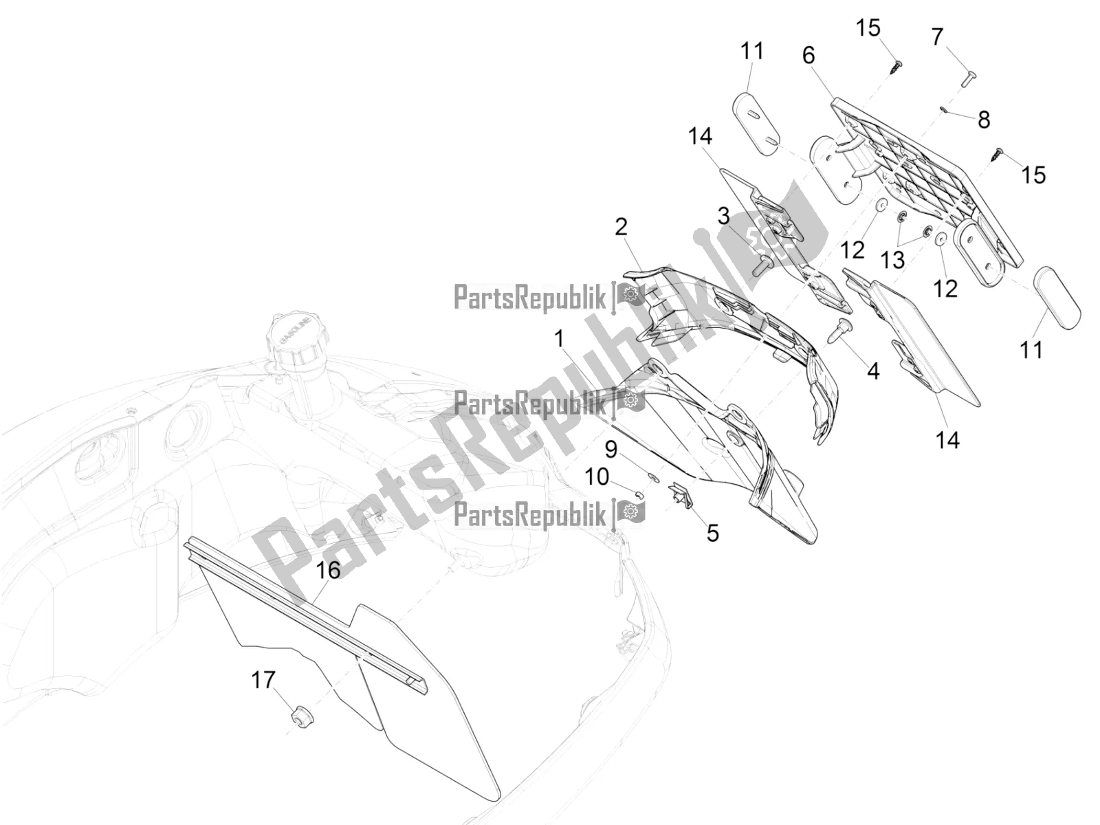 Toutes les pièces pour le Capot Arrière - Protection Contre Les éclaboussures du Vespa GTS 125 /GTS Super 0 2017