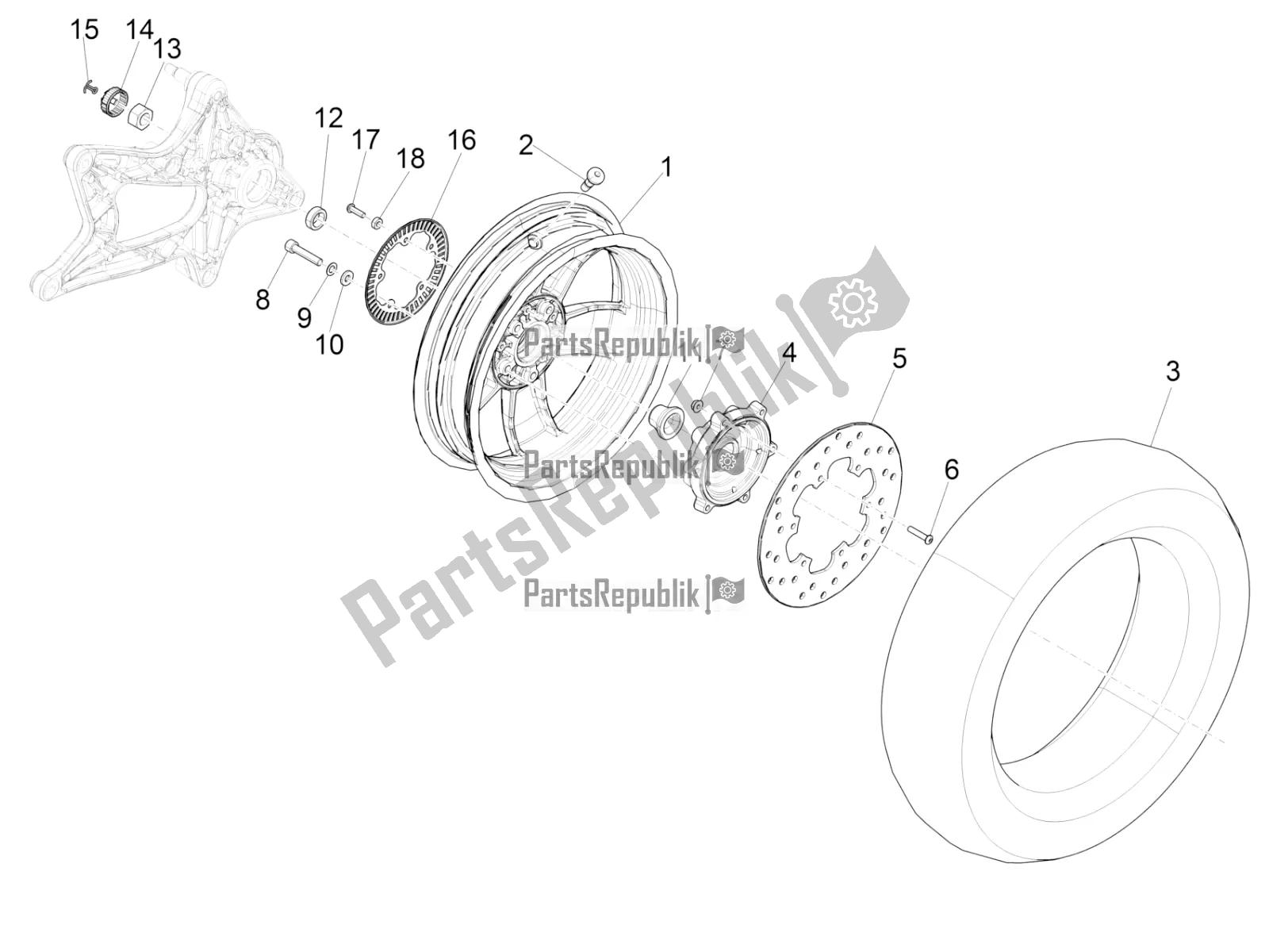 All parts for the Rear Wheel of the Vespa GTS 125 /GTS Super 0 2017