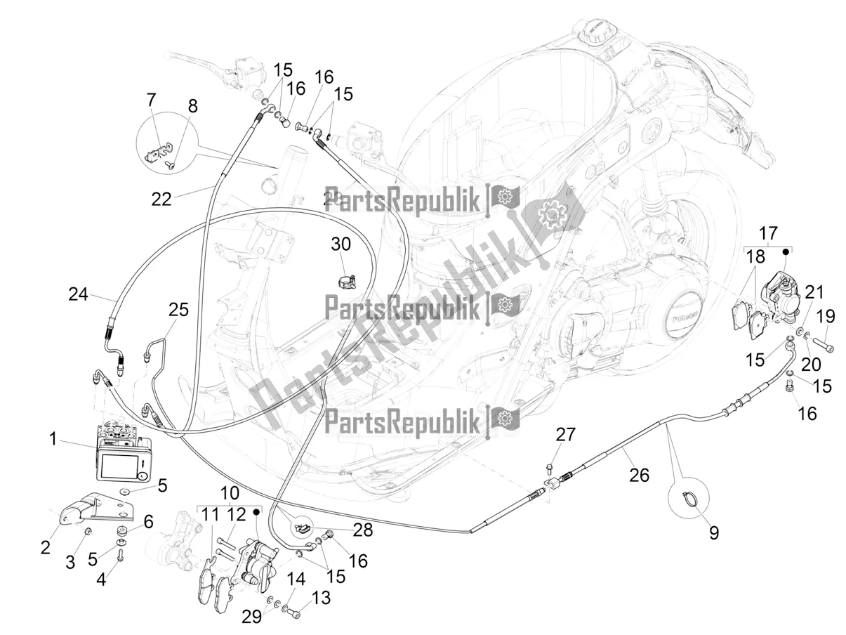 All parts for the Brakes Pipes - Calipers (abs) of the Vespa GTS 125 Super ABS 2018