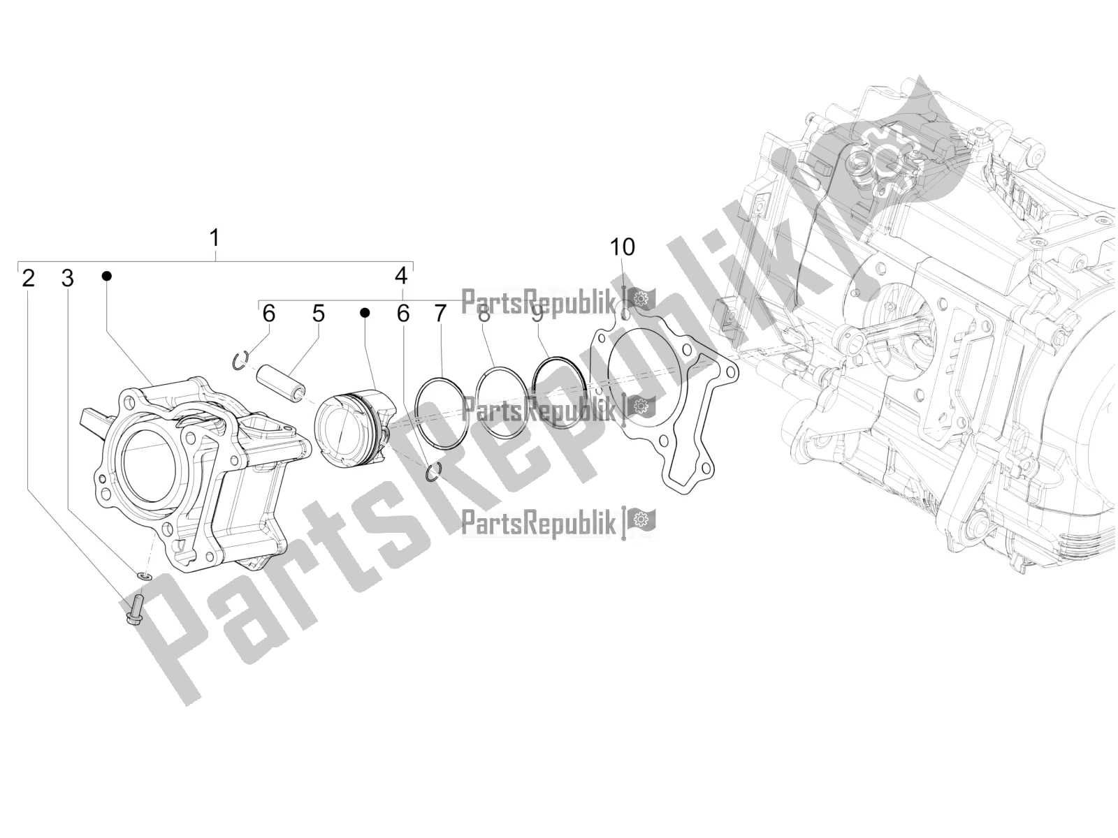 All parts for the Cylinder-piston-wrist Pin Unit of the Vespa GTS 125 Super ABS 2018