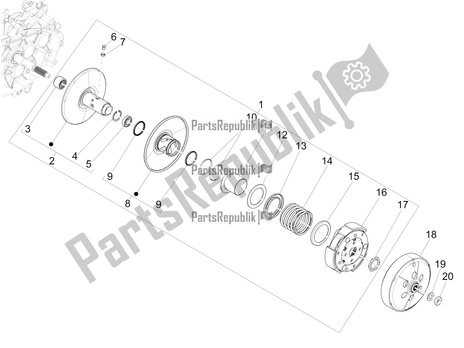 All parts for the Driven Pulley of the Vespa GTS 125 Super ABS 2018