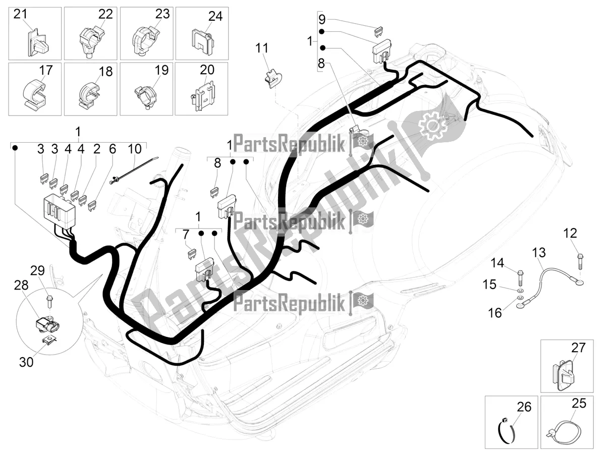 All parts for the Main Cable Harness of the Vespa GTS 125 Super ABS 2018