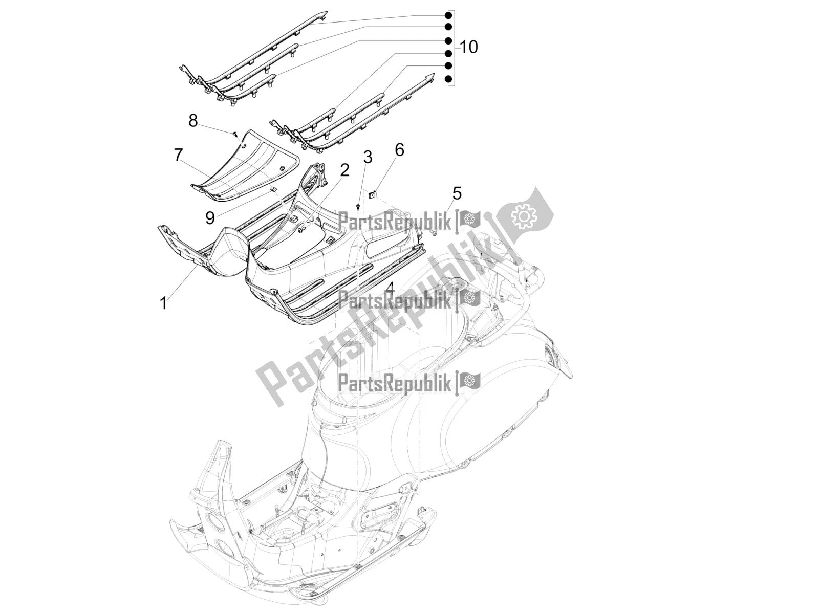 All parts for the Central Cover - Footrests of the Vespa GTS 125 Super ABS 2019