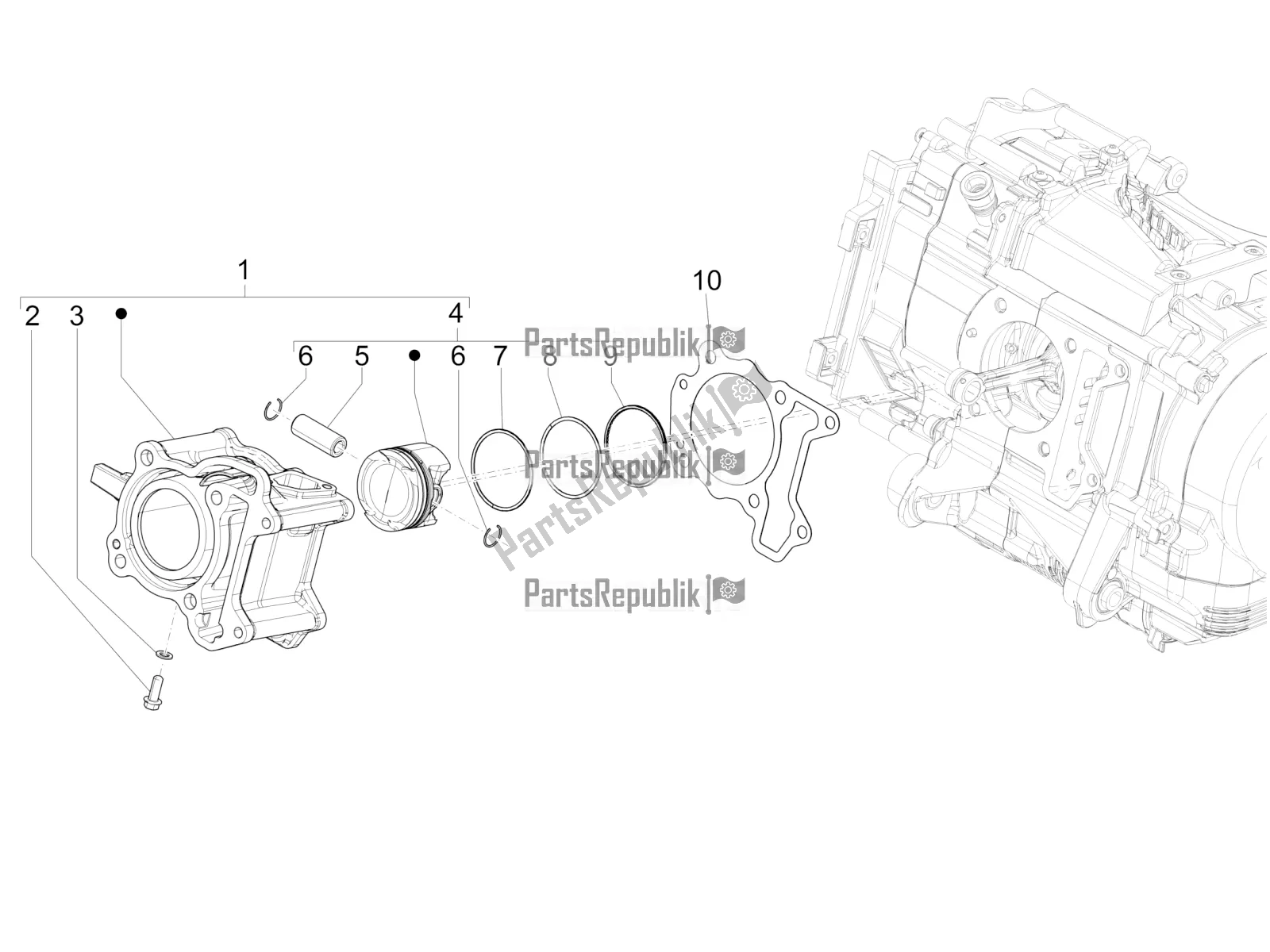 Alle onderdelen voor de Cilinder-zuiger-pols-peneenheid van de Vespa GTS 125 Super ABS 2019