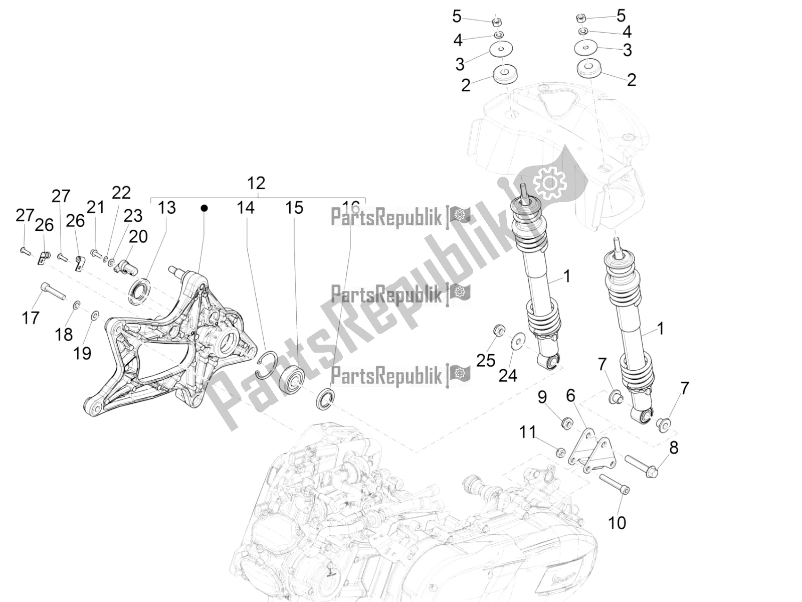 Todas las partes para Suspensión Trasera - Amortiguador / S de Vespa GTS 125 Super ABS 2019