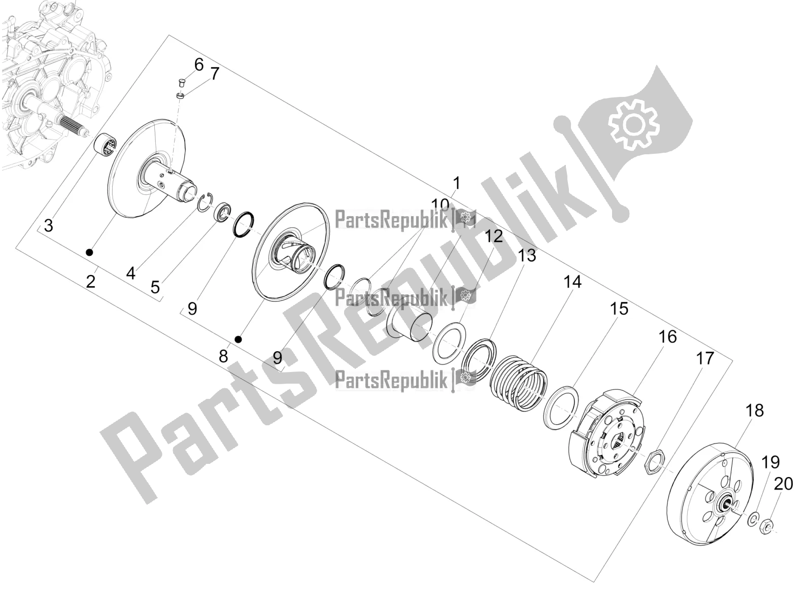 All parts for the Driven Pulley of the Vespa GTS 125 Super ABS 2020