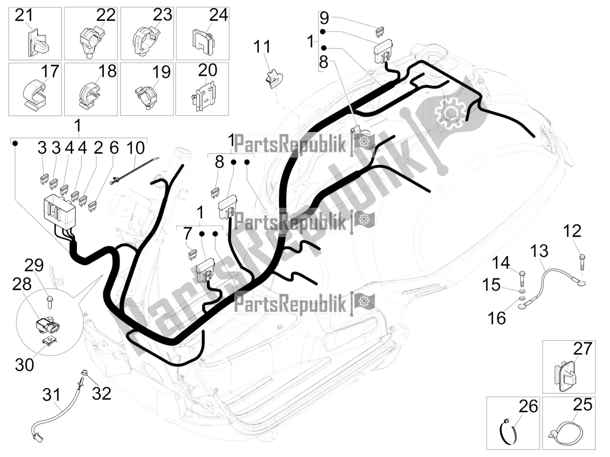 All parts for the Main Cable Harness of the Vespa GTS 125 Super ABS 2020