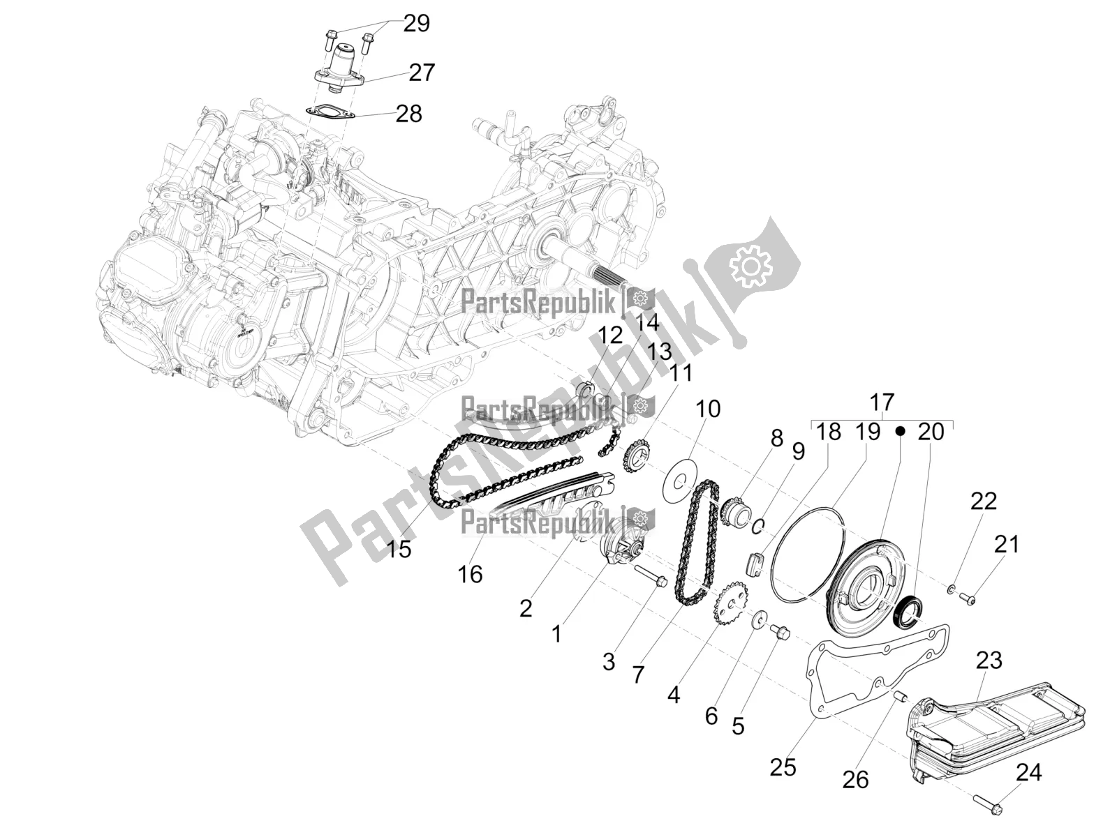All parts for the Oil Pump of the Vespa GTS 125 Super ABS 2020