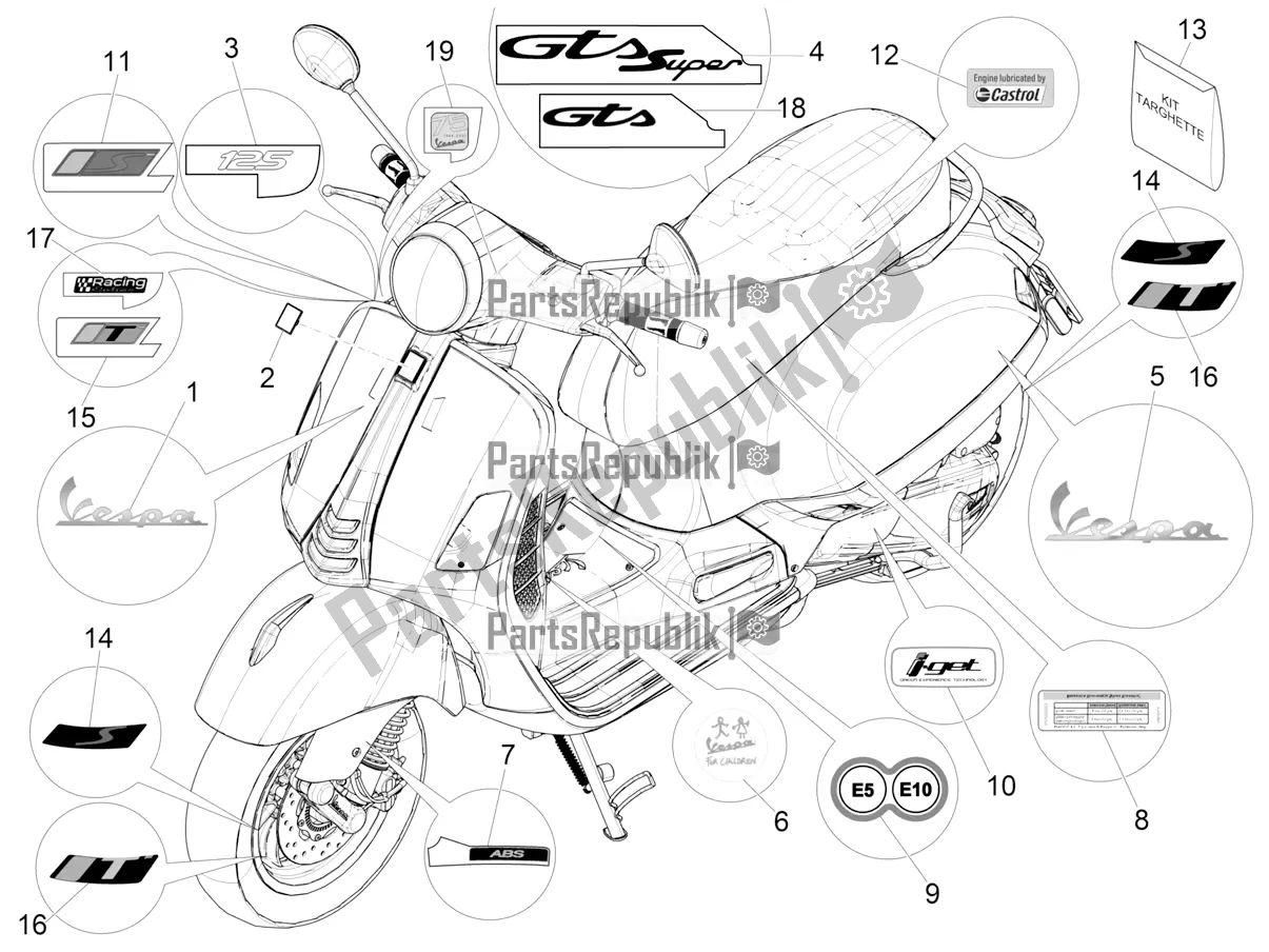 All parts for the Plates - Emblems of the Vespa GTS 125 Super ABS 2022