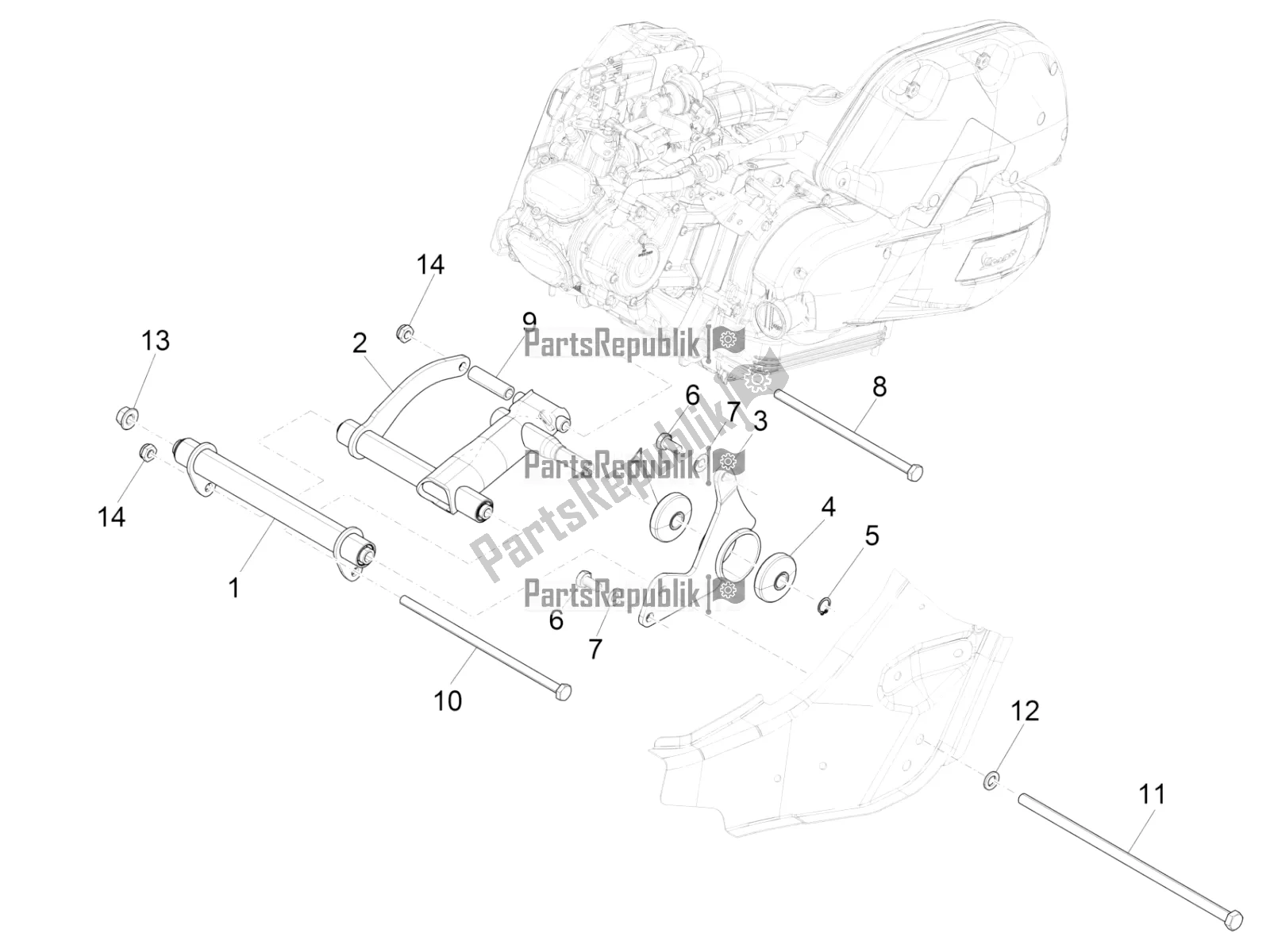 All parts for the Swinging Arm of the Vespa GTS 125 Super ABS Apac 2021
