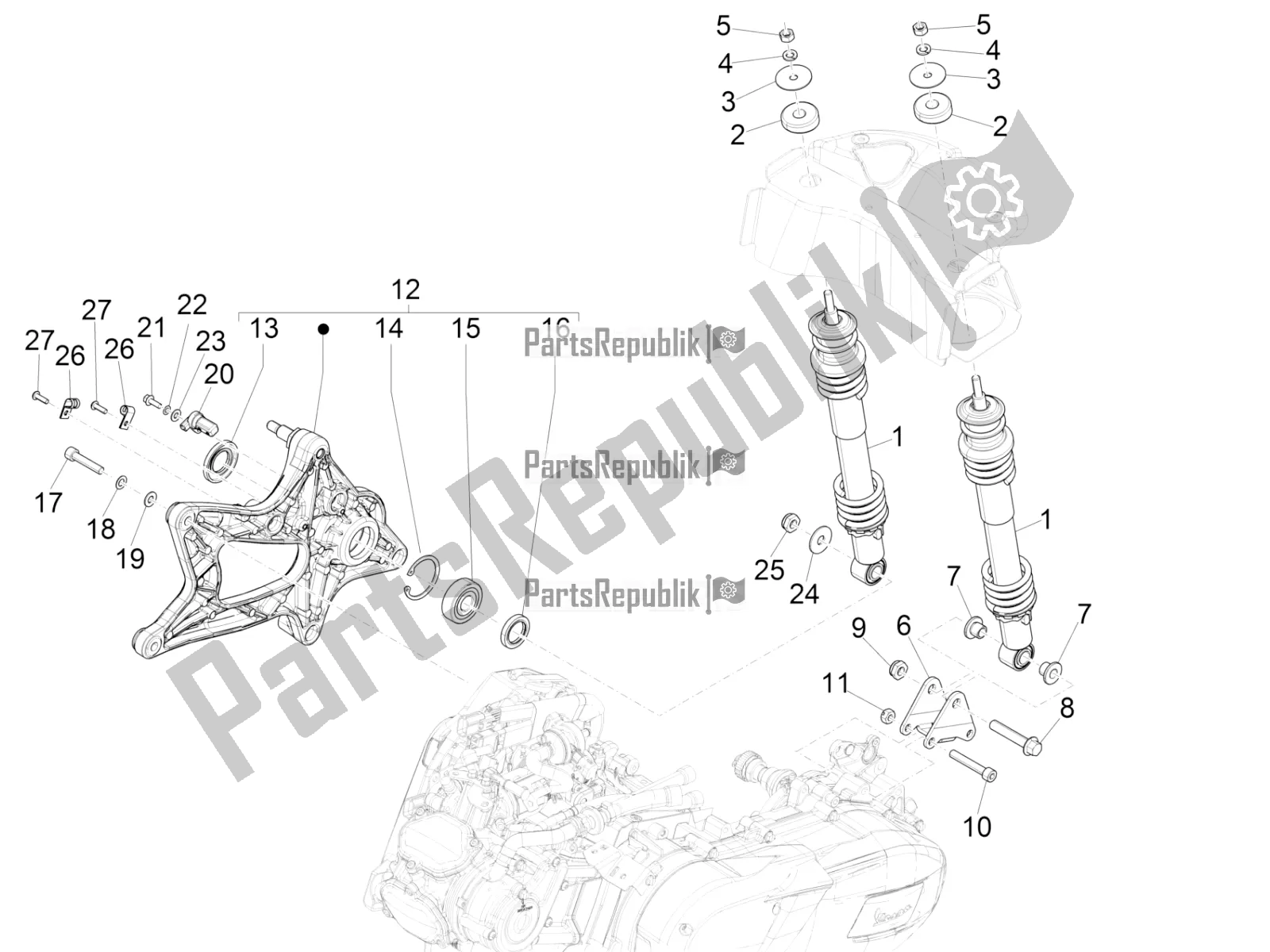 Alle onderdelen voor de Achtervering - Schokdemper / S van de Vespa GTS 125 Super ABS Apac 2022