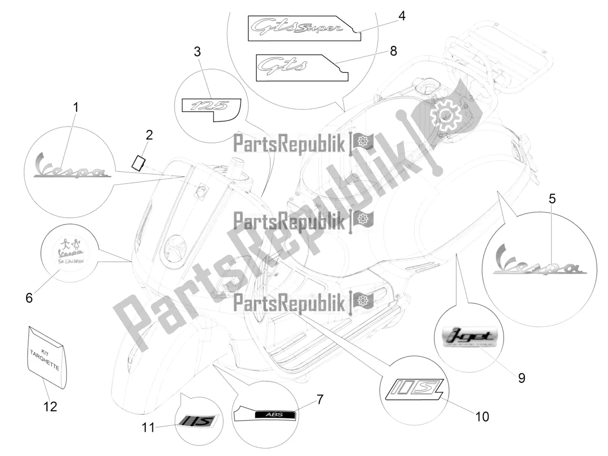 Tutte le parti per il Piatti - Emblemi del Vespa GTS 125 Super ABS Iget Apac 2017