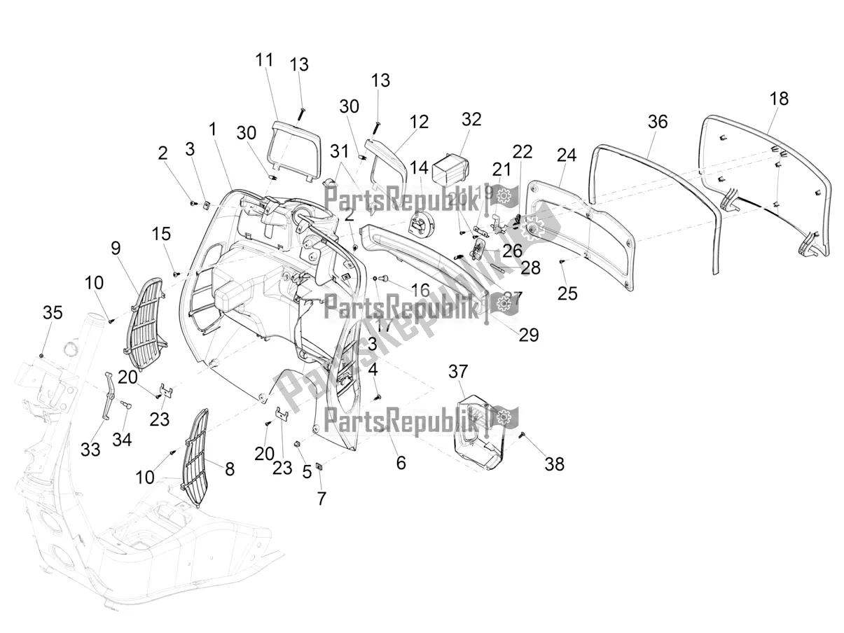 All parts for the Front Glove-box - Knee-guard Panel of the Vespa GTS 125 Super ABS Iget Apac 2018