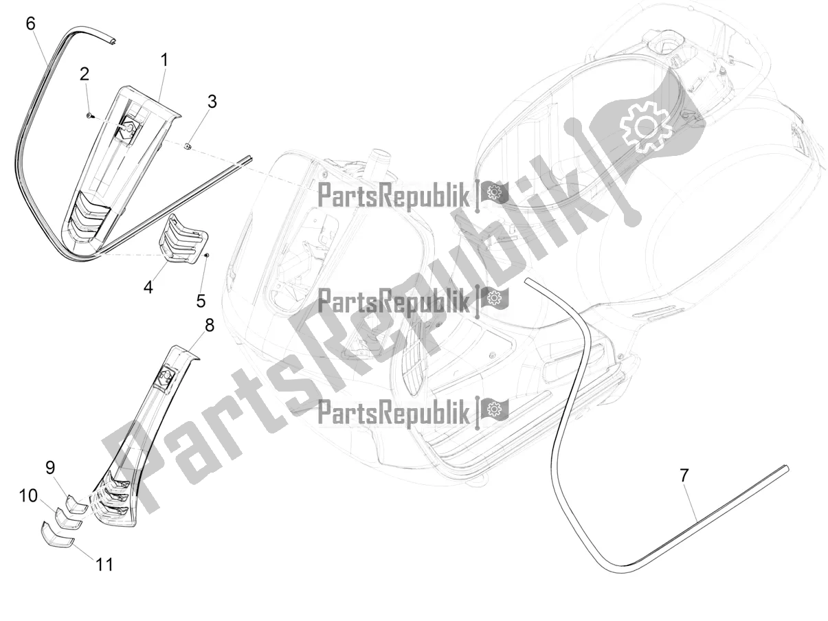 Todas as partes de Escudo Frontal do Vespa GTS 125 Super ABS Iget Apac 2018