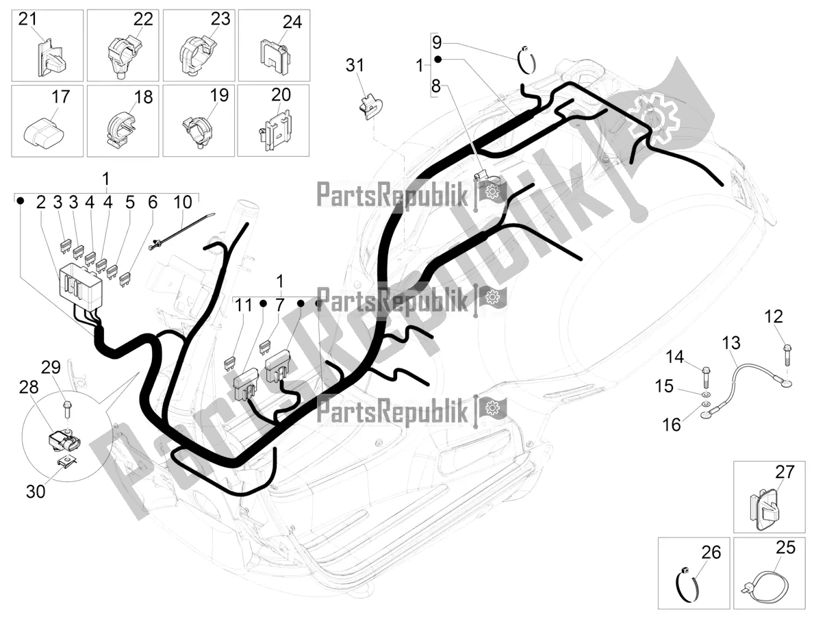 All parts for the Main Cable Harness of the Vespa GTS 125 Super ABS Iget Apac 2019