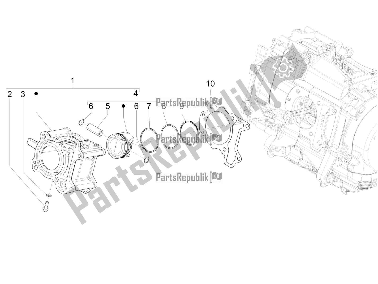 Alle onderdelen voor de Cilinder-zuiger-pols-peneenheid van de Vespa GTS 125 Super ABS Iget Apac 2020