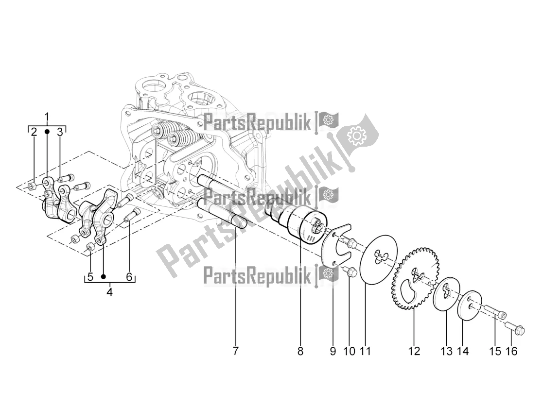 All parts for the Rocking Levers Support Unit of the Vespa GTS 125 Super IE 2016