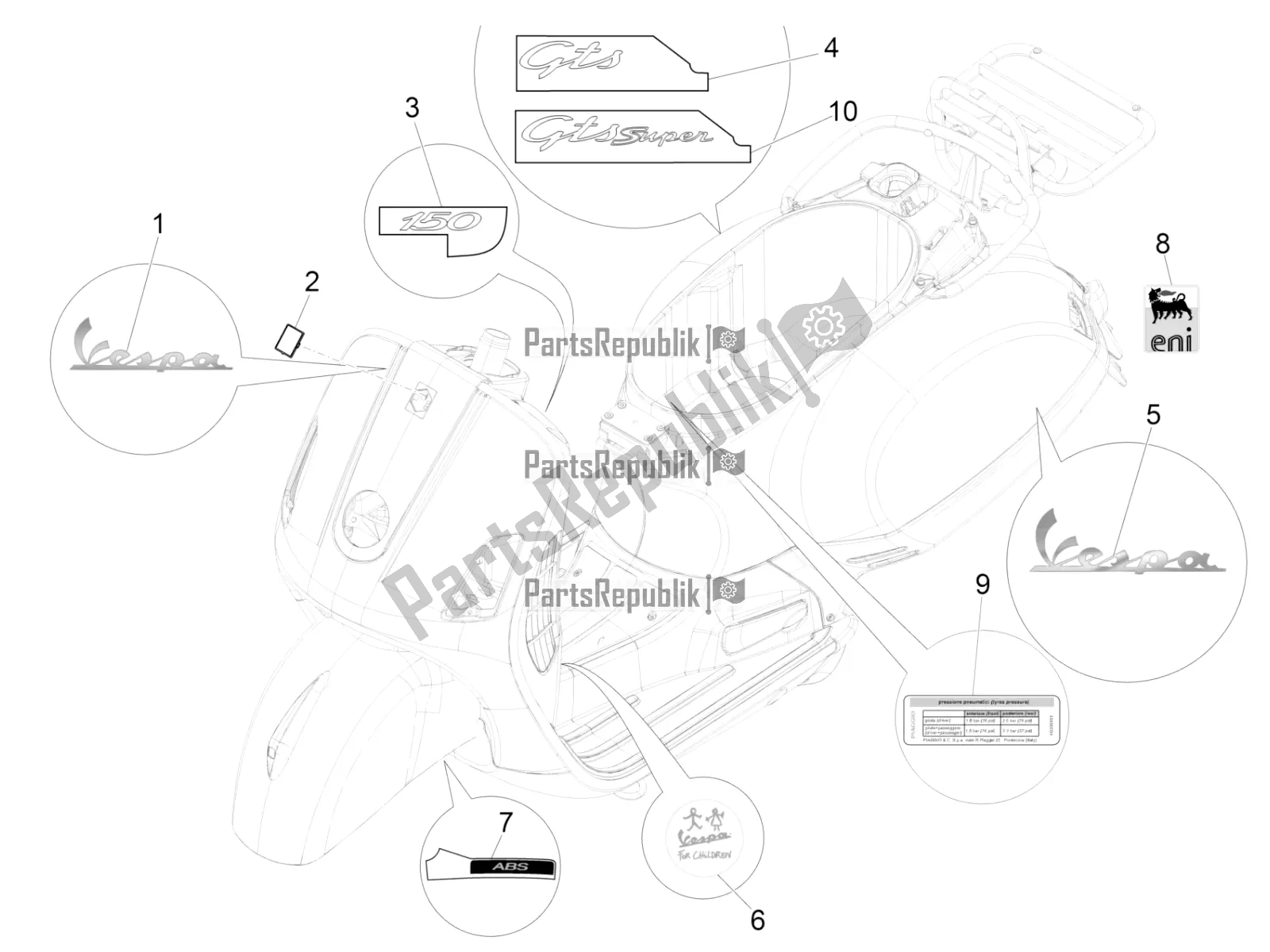 All parts for the Plates - Emblems of the Vespa GTS 150 3V IE ABS 2016