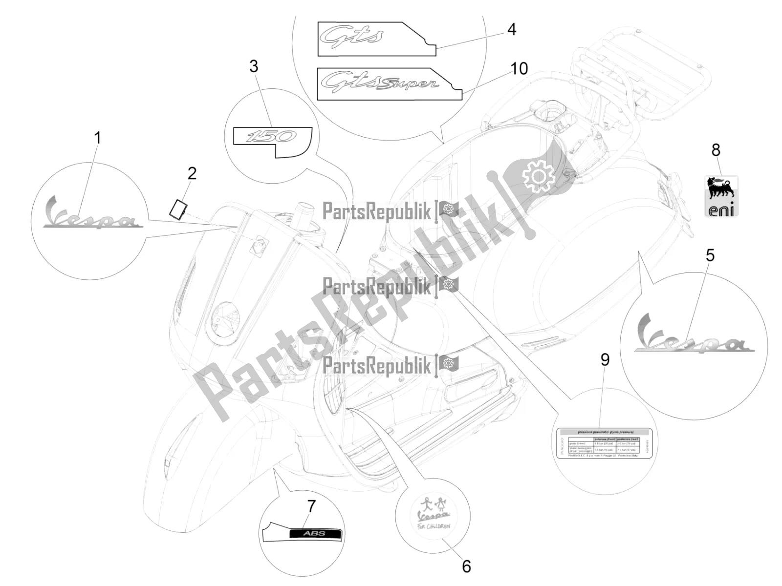 Tutte le parti per il Piatti - Emblemi del Vespa GTS 150 3V IE ABS 2019