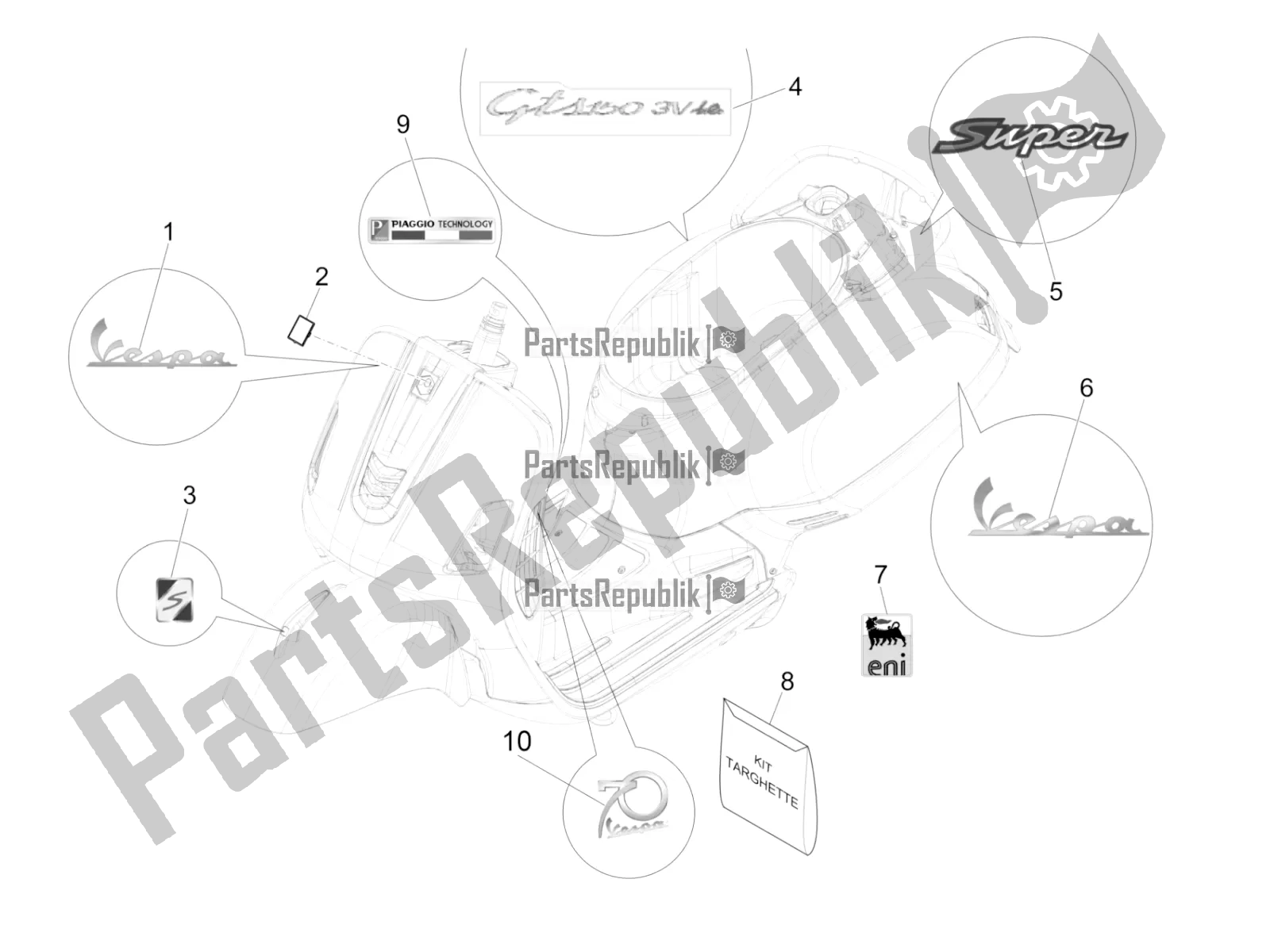 All parts for the Plates - Emblems of the Vespa GTS 150 Super 3V IE 2016