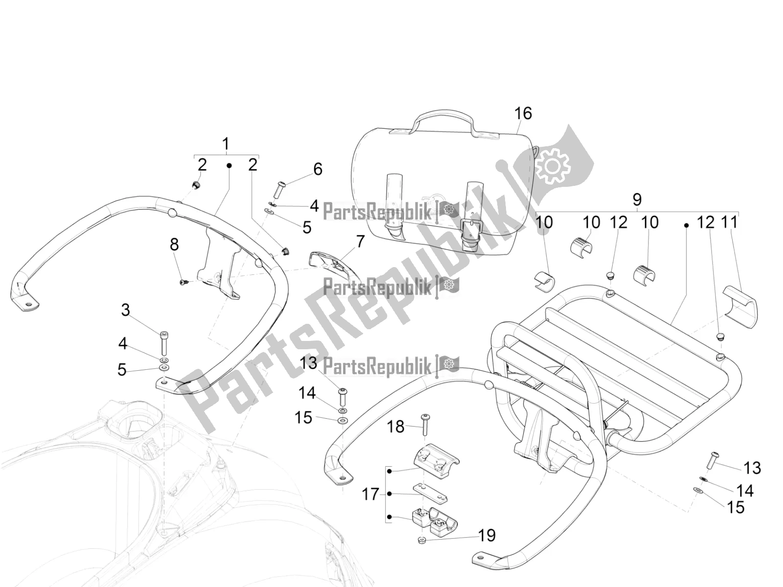 All parts for the Rear Luggage Rack of the Vespa GTS 150 Super 3V IE 2016