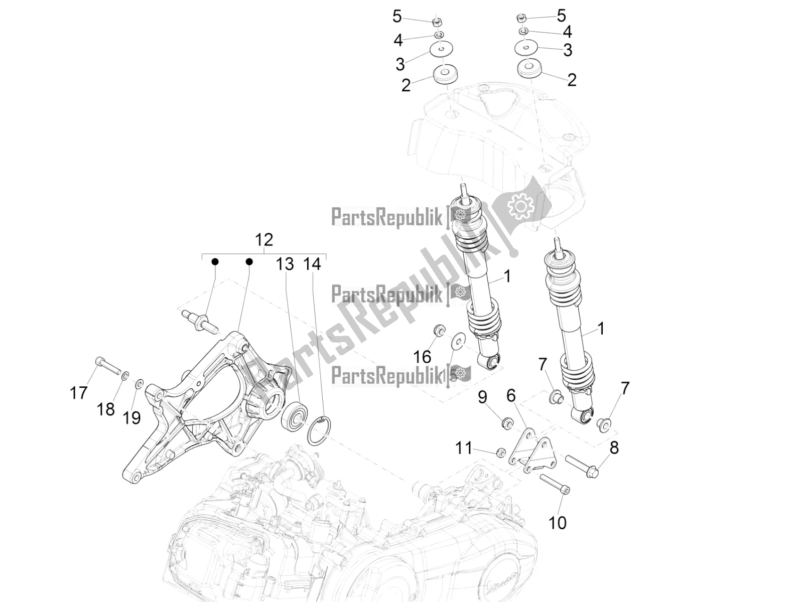 Todas las partes para Suspensión Trasera - Amortiguador / S de Vespa GTS 150 Super 3V IE 2016