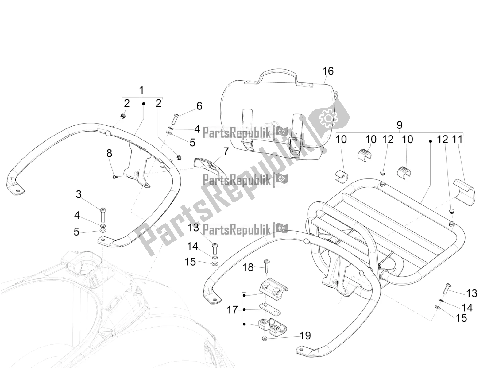 Todas as partes de Bagageiro Traseiro do Vespa GTS 150 Super 3V IE 2017