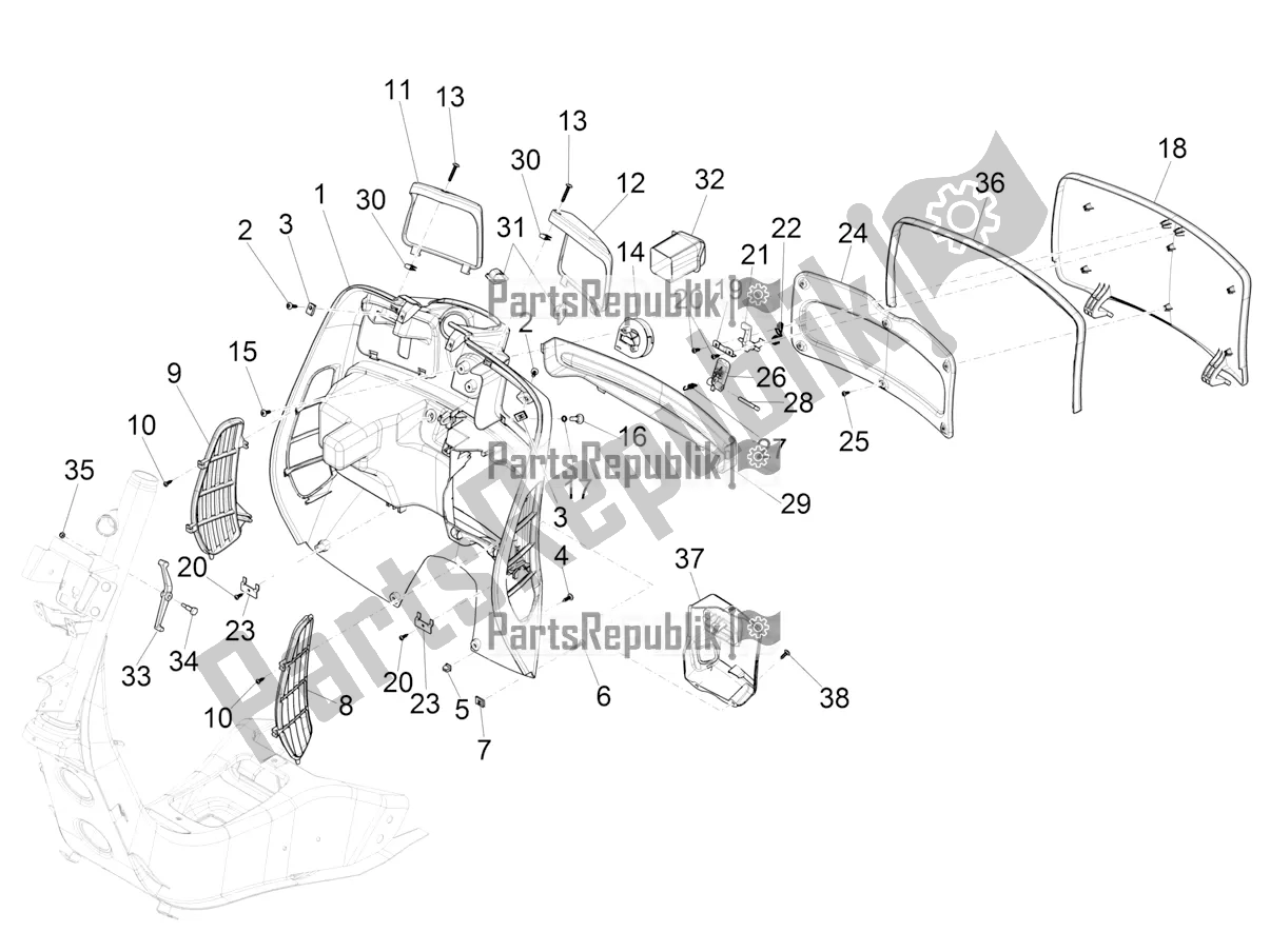 All parts for the Front Glove-box - Knee-guard Panel of the Vespa GTS 150 Super 3V IE ABS 2018