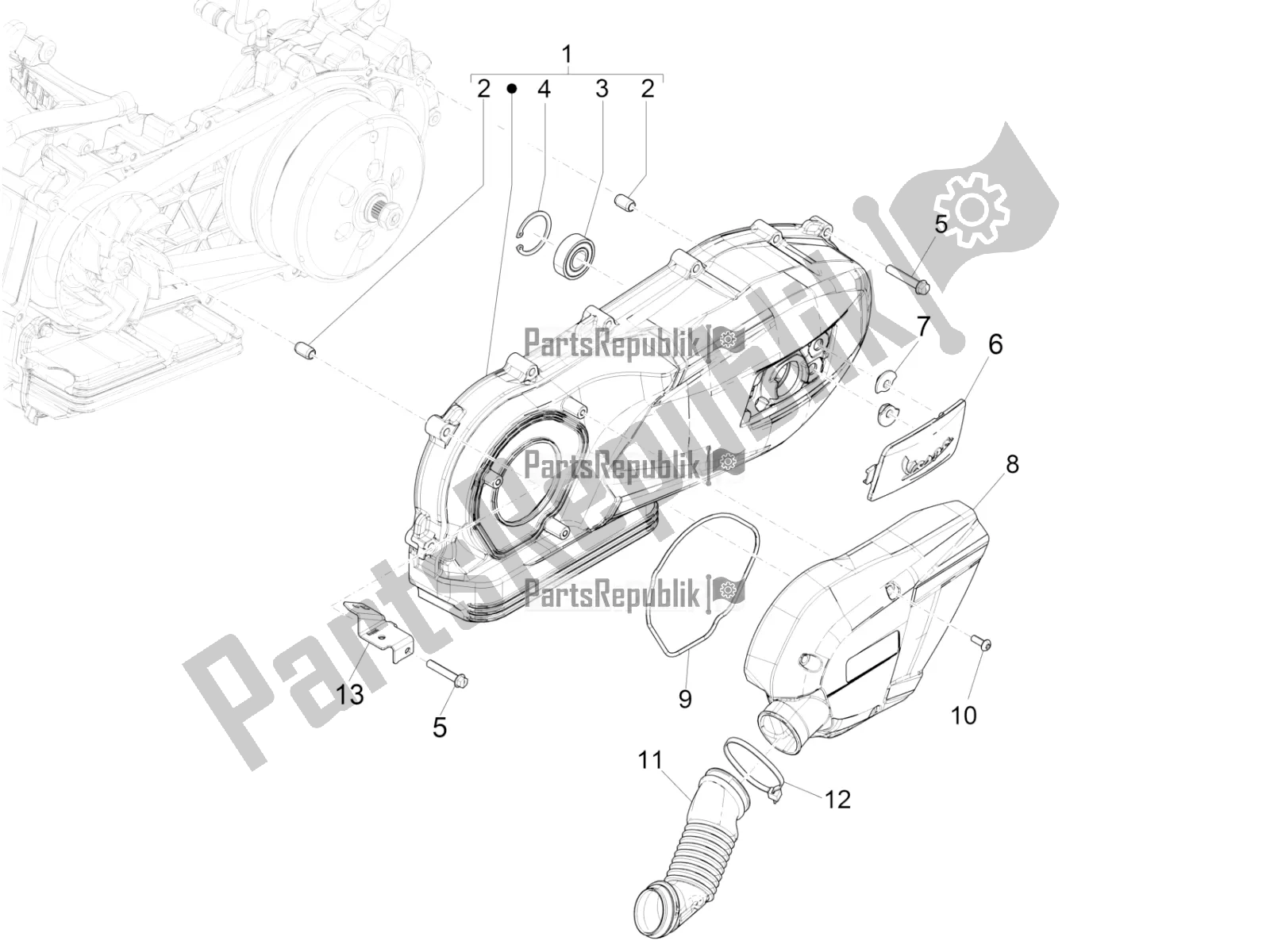 Toutes les pièces pour le Couvercle De Carter - Refroidissement Du Carter du Vespa GTS 150 Super 3V IE ABS 2019