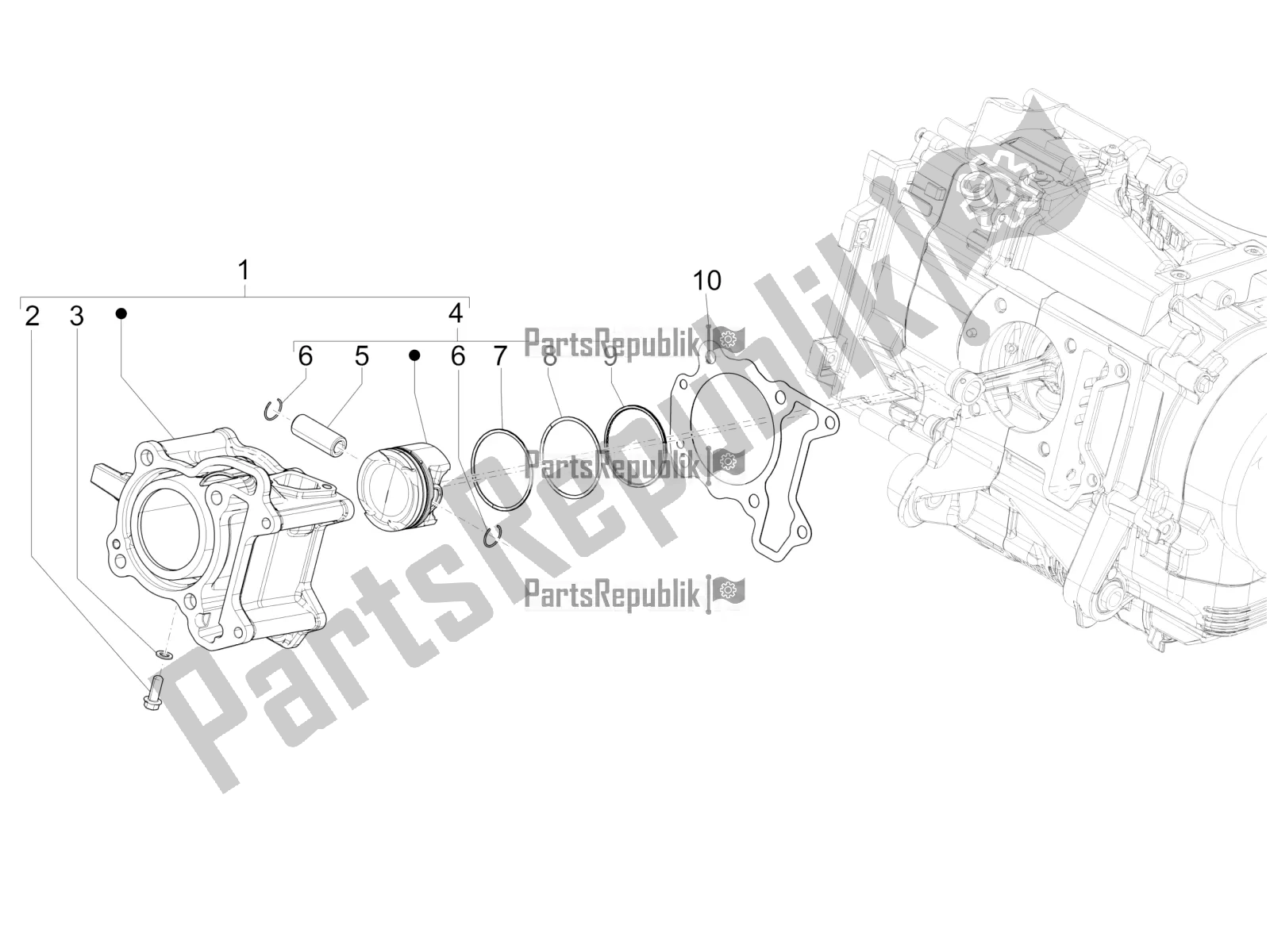 All parts for the Cylinder-piston-wrist Pin Unit of the Vespa GTS 150 Super 3V IE ABS 2019