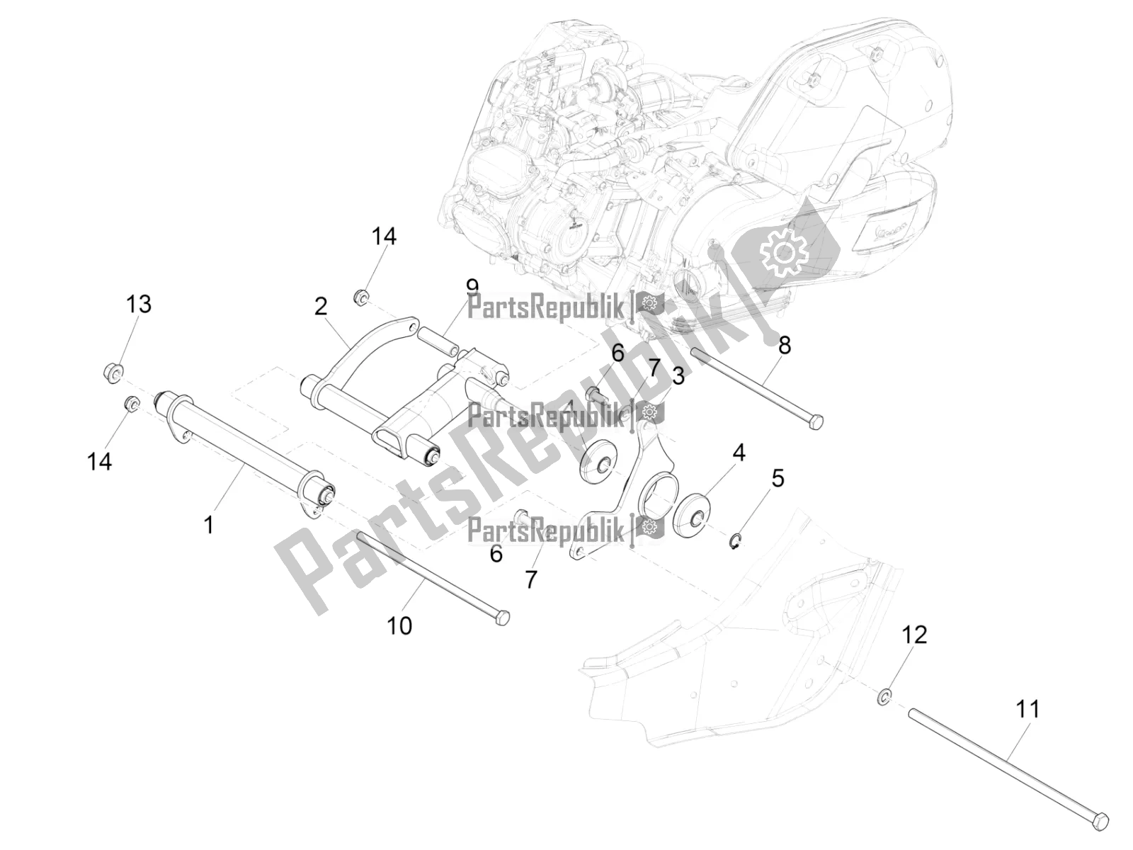 All parts for the Swinging Arm of the Vespa GTS 150 Super-Super Sport ABS Apac 2017