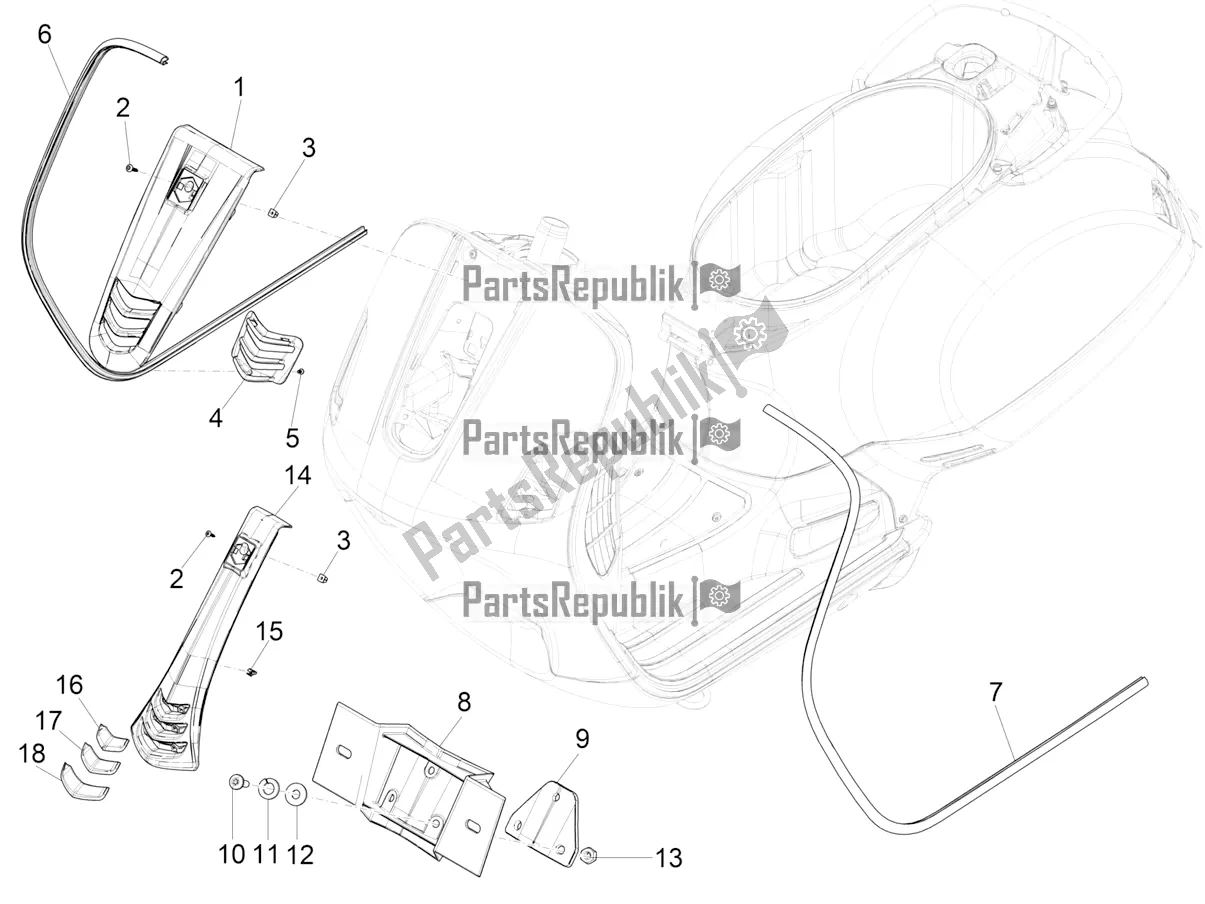 All parts for the Front Shield of the Vespa GTS 150 Super-Super Sport ABS Apac 2018