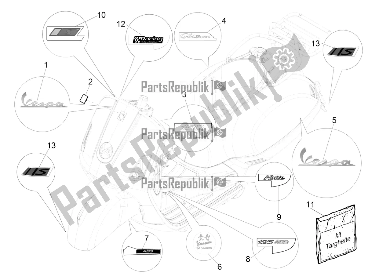 Alle onderdelen voor de Borden - Emblemen van de Vespa GTS 150 Super-Super Sport ABS Apac 2018