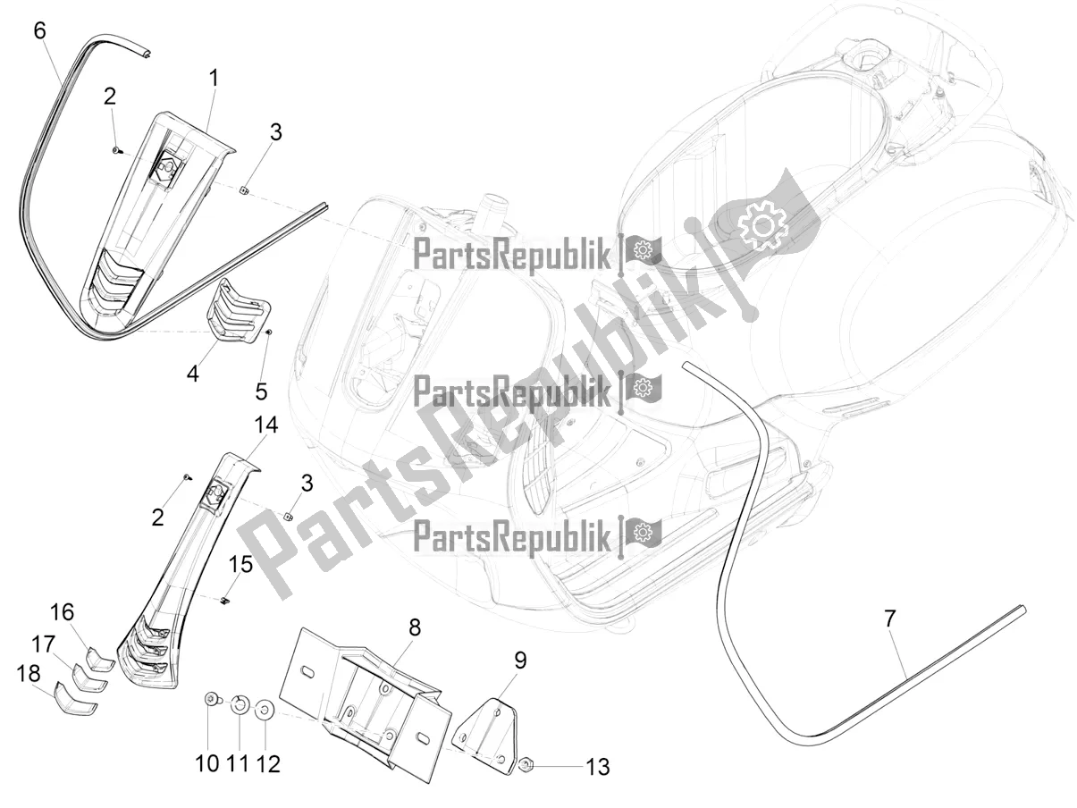 All parts for the Front Shield of the Vespa GTS 150 Super-Super Sport ABS Apac 2021