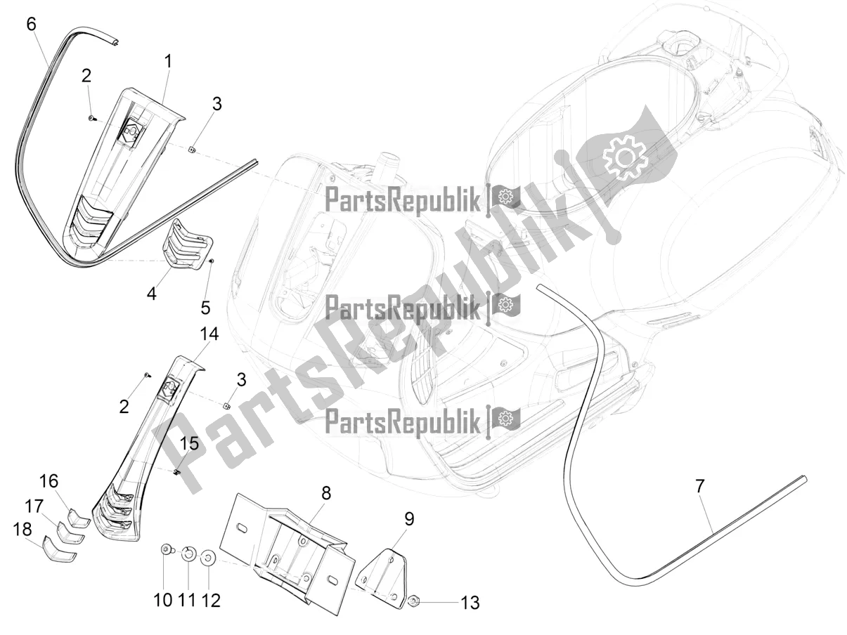 All parts for the Front Shield of the Vespa GTS 150 Super-Super Sport ABS Apac 2022