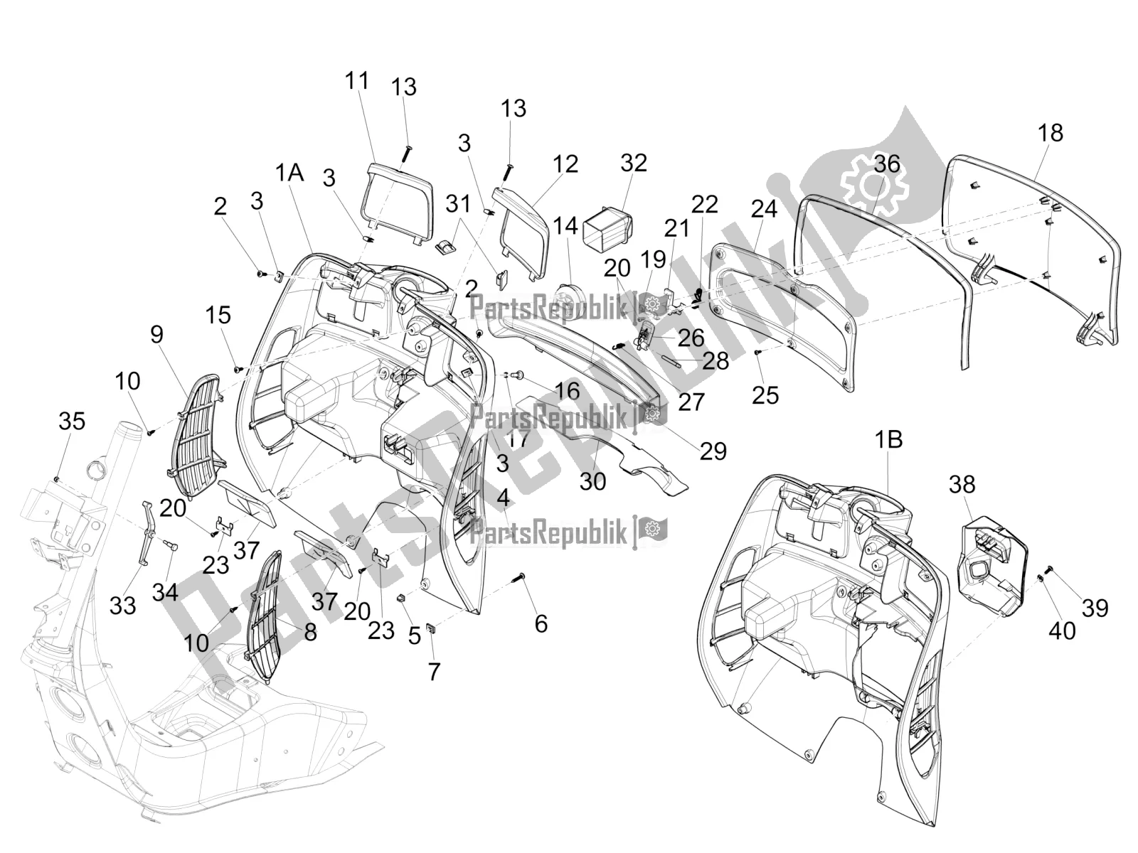 All parts for the Front Glove-box - Knee-guard Panel of the Vespa GTS 250 4V IE 2016