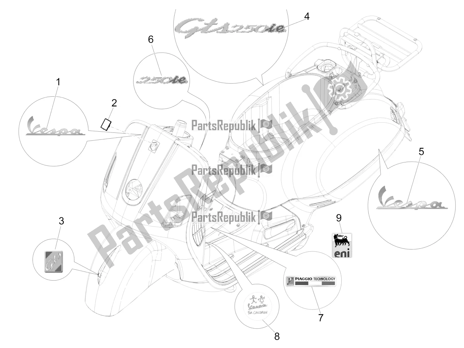 Toutes les pièces pour le Plaques - Emblèmes du Vespa GTS 250 4V IE 2016