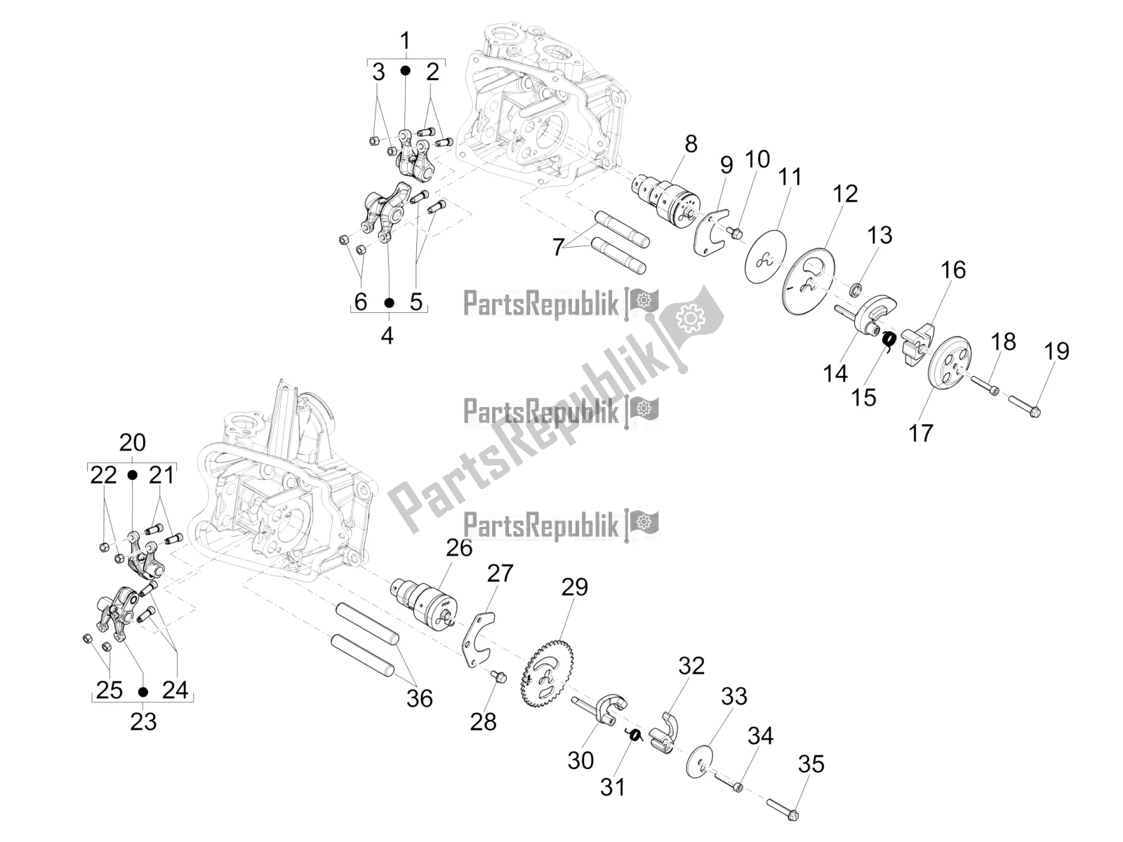 All parts for the Rocking Levers Support Unit of the Vespa GTS 250 4V IE 2016