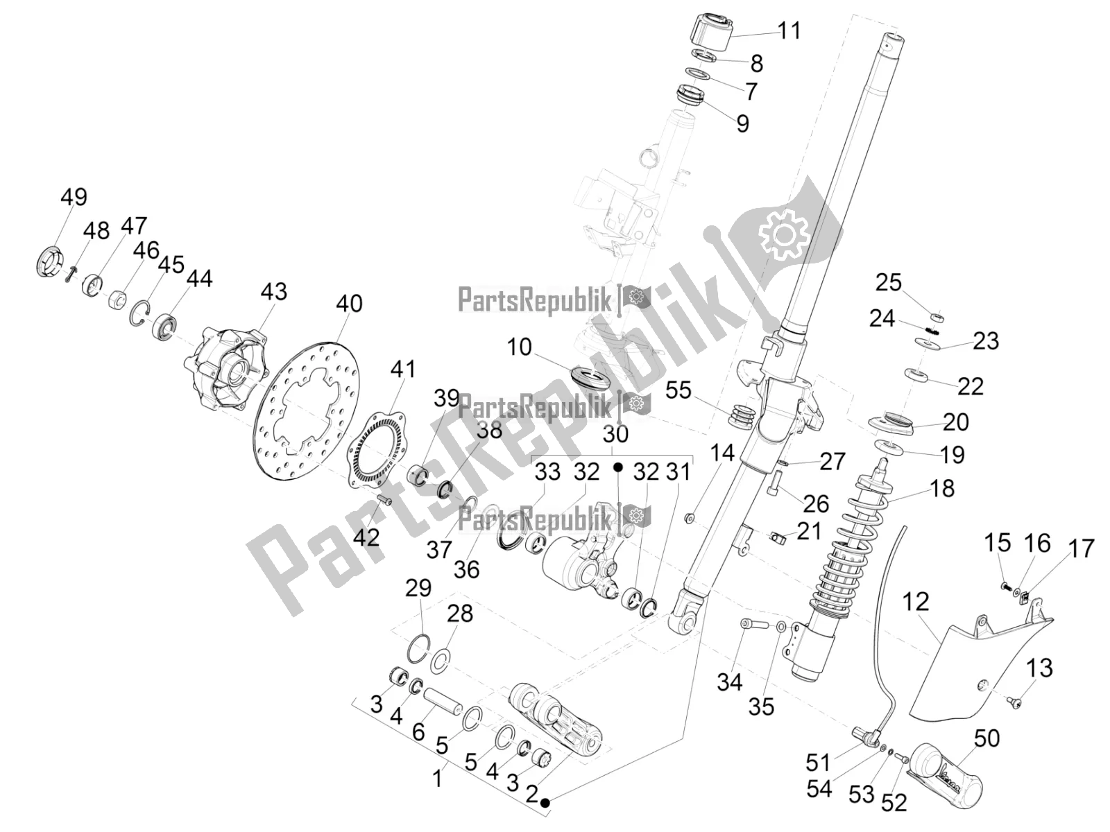 Toutes les pièces pour le Fourche / Tube De Direction - Palier De Direction du Vespa GTS 300 4T 4V IE ABS Apac 2018