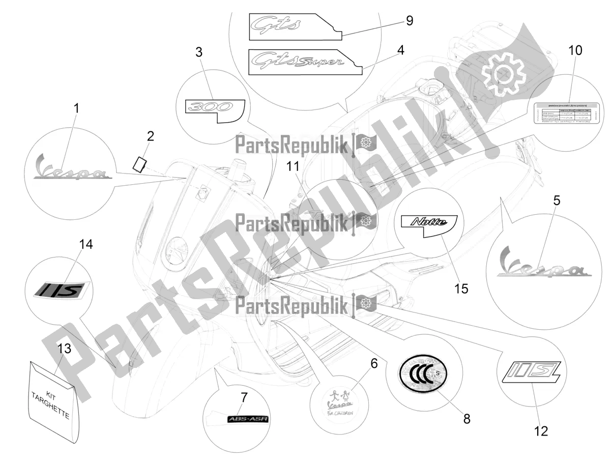 Toutes les pièces pour le Plaques - Emblèmes du Vespa GTS 300 4T 4V IE ABS Apac 2018