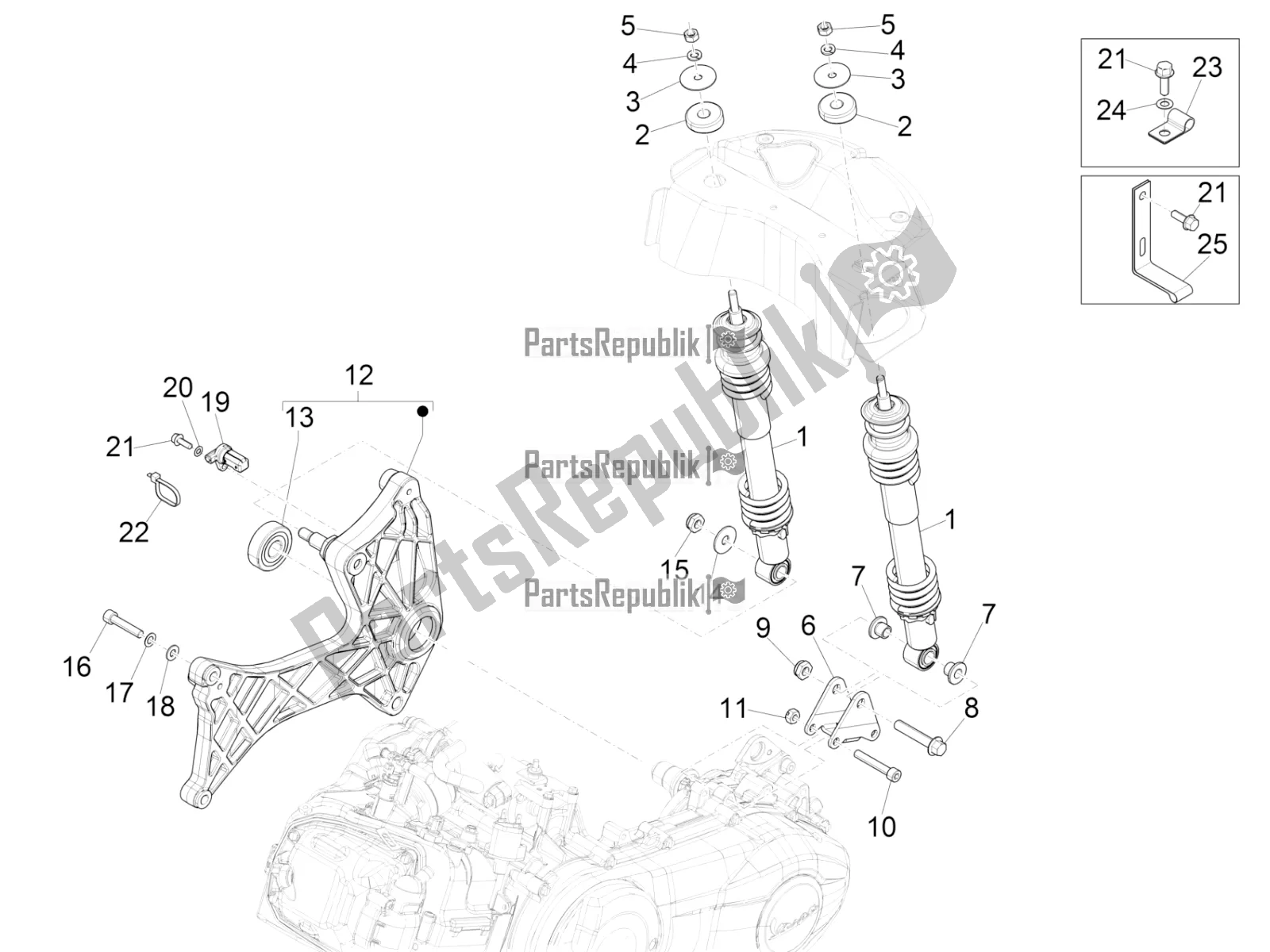 Alle onderdelen voor de Achtervering - Schokdemper / S van de Vespa GTS 300 4T 4V IE ABS Apac 2018