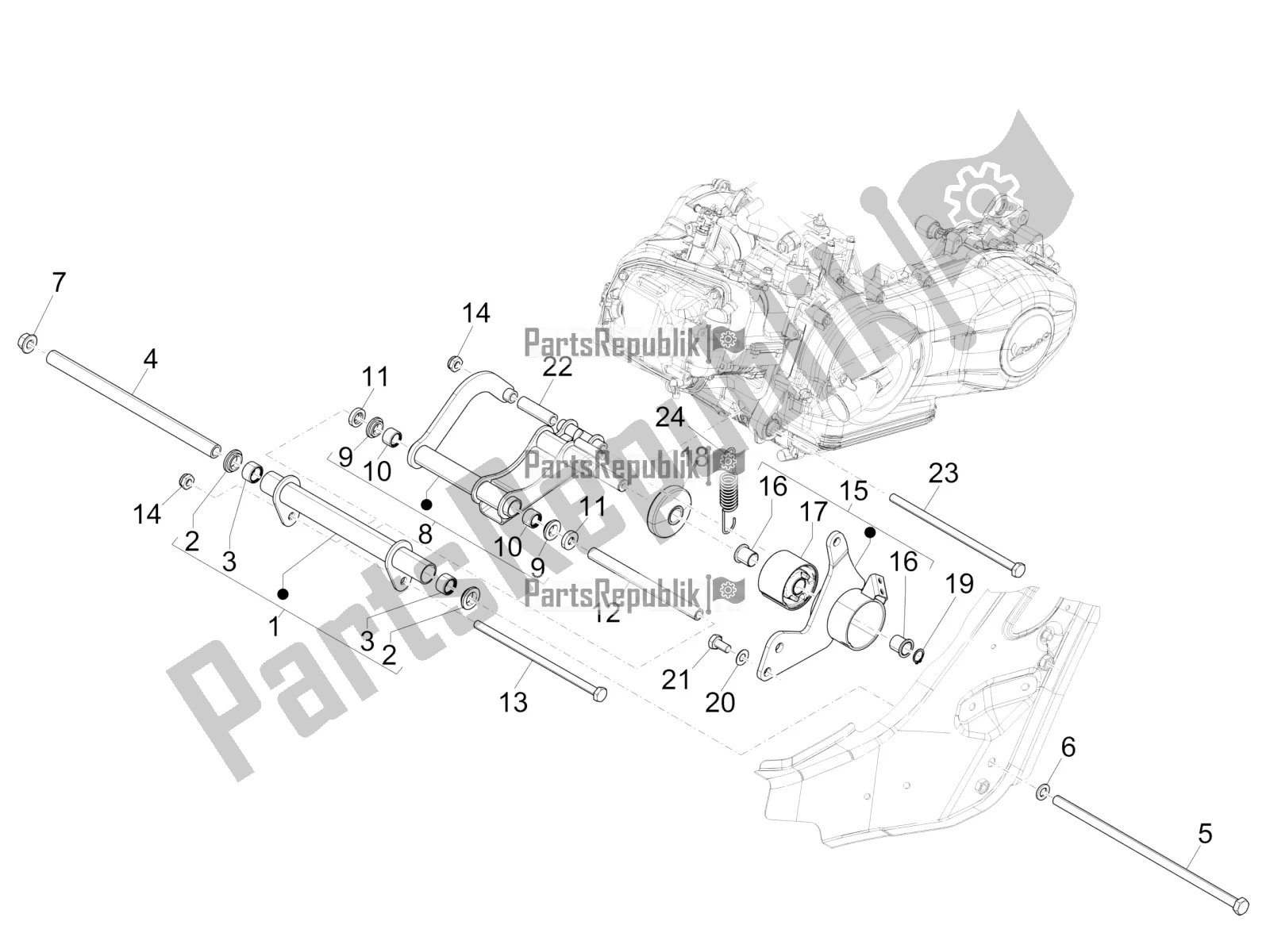 Toutes les pièces pour le Bras Oscillant du Vespa GTS 300 4T 4V IE ABS Apac 2018