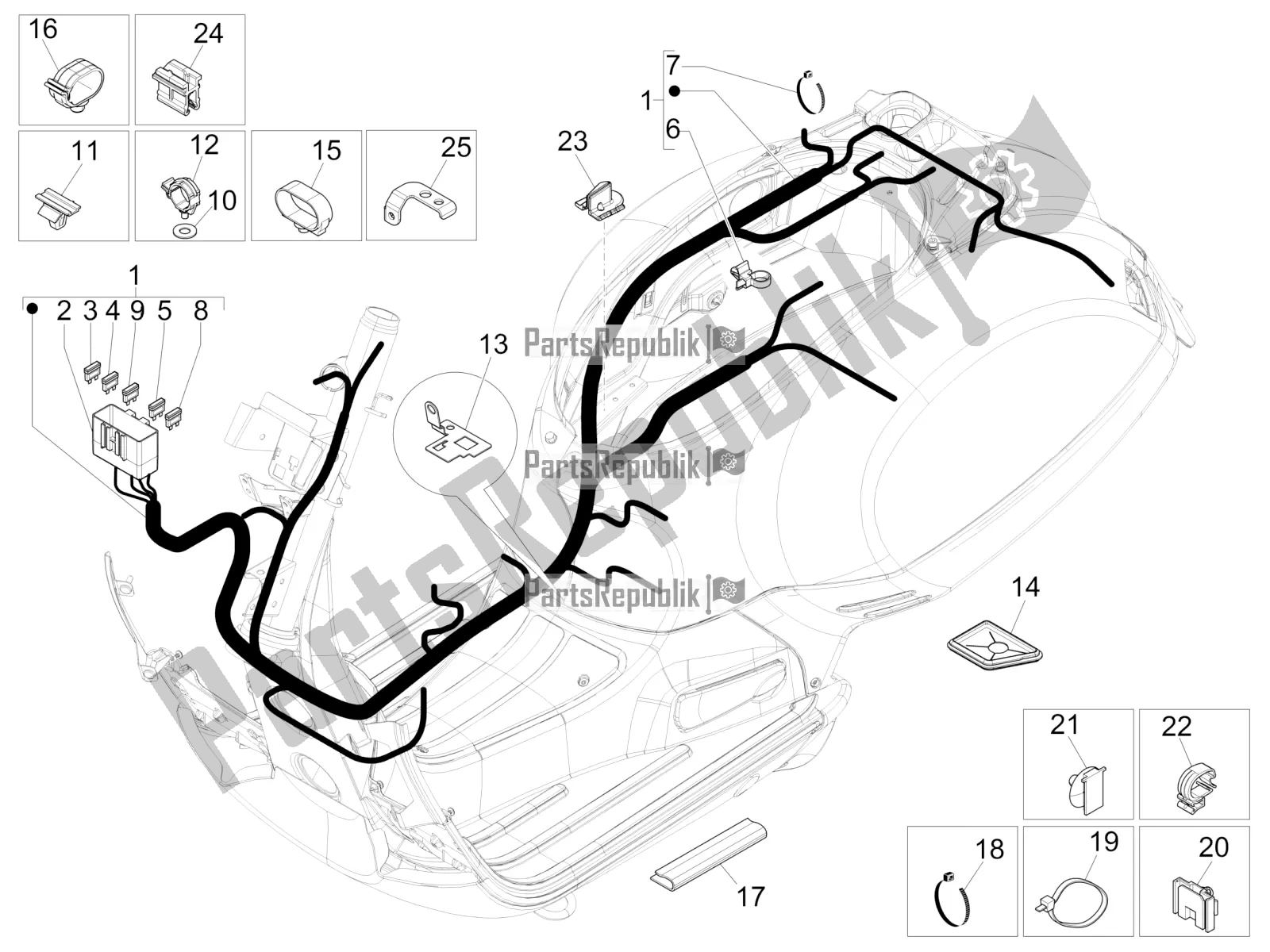 All parts for the Main Cable Harness of the Vespa GTS 300 4V IE Abs-noabs 2016