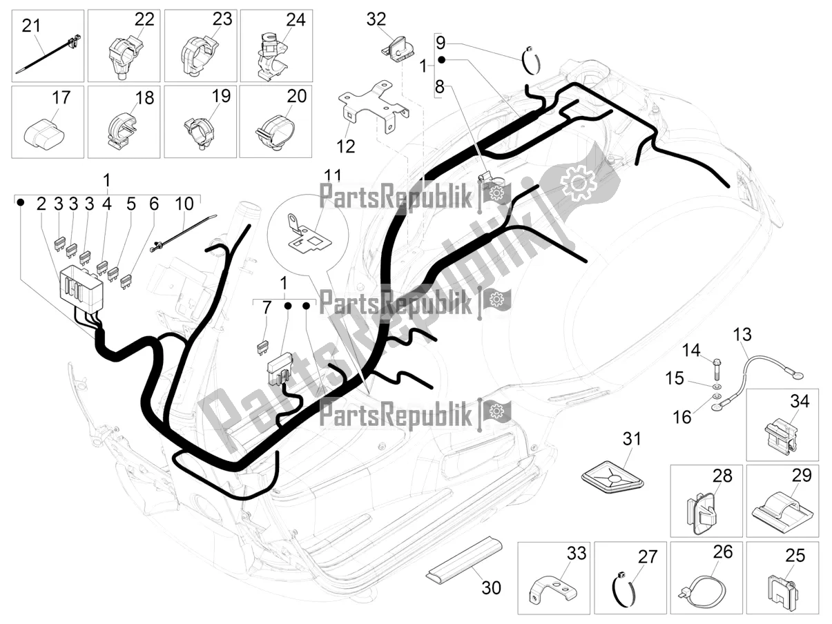 All parts for the Main Cable Harness of the Vespa GTS 300 4V IE ABS USA 2016