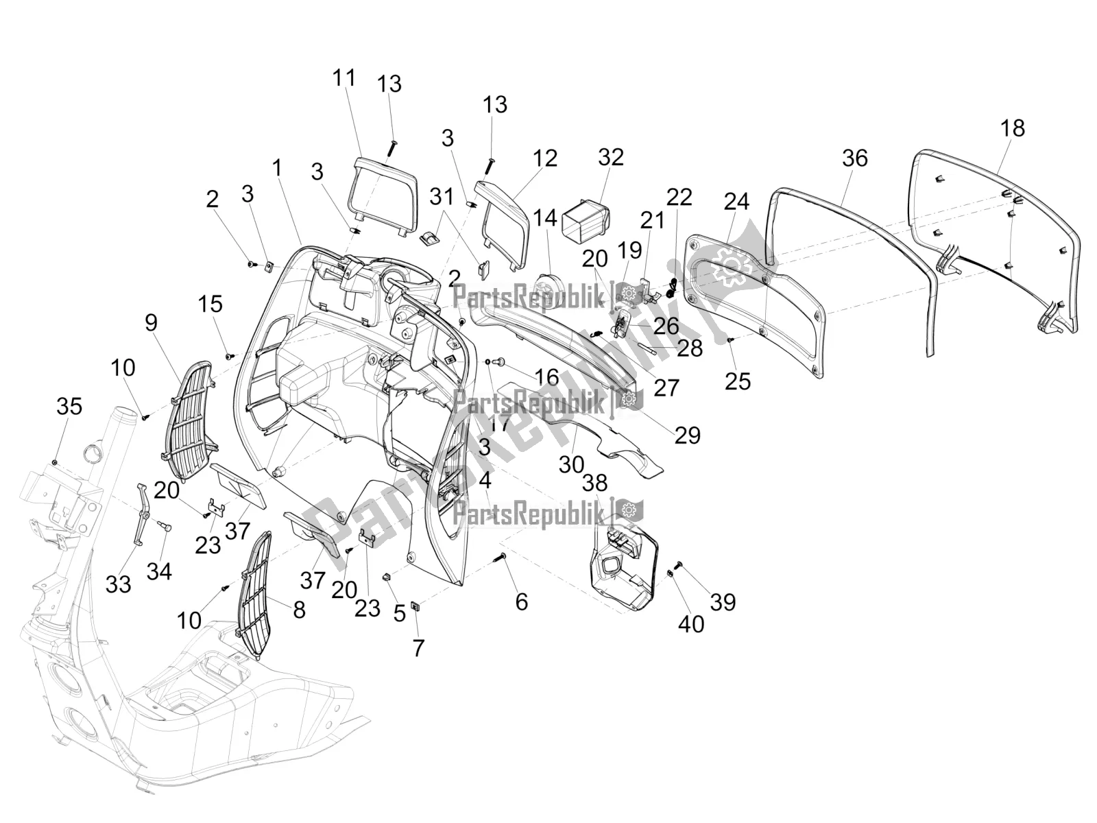 Alle onderdelen voor de Dashboardkastje Voor - Kniebeschermer van de Vespa GTS 300 4V IE ABS USA 2018