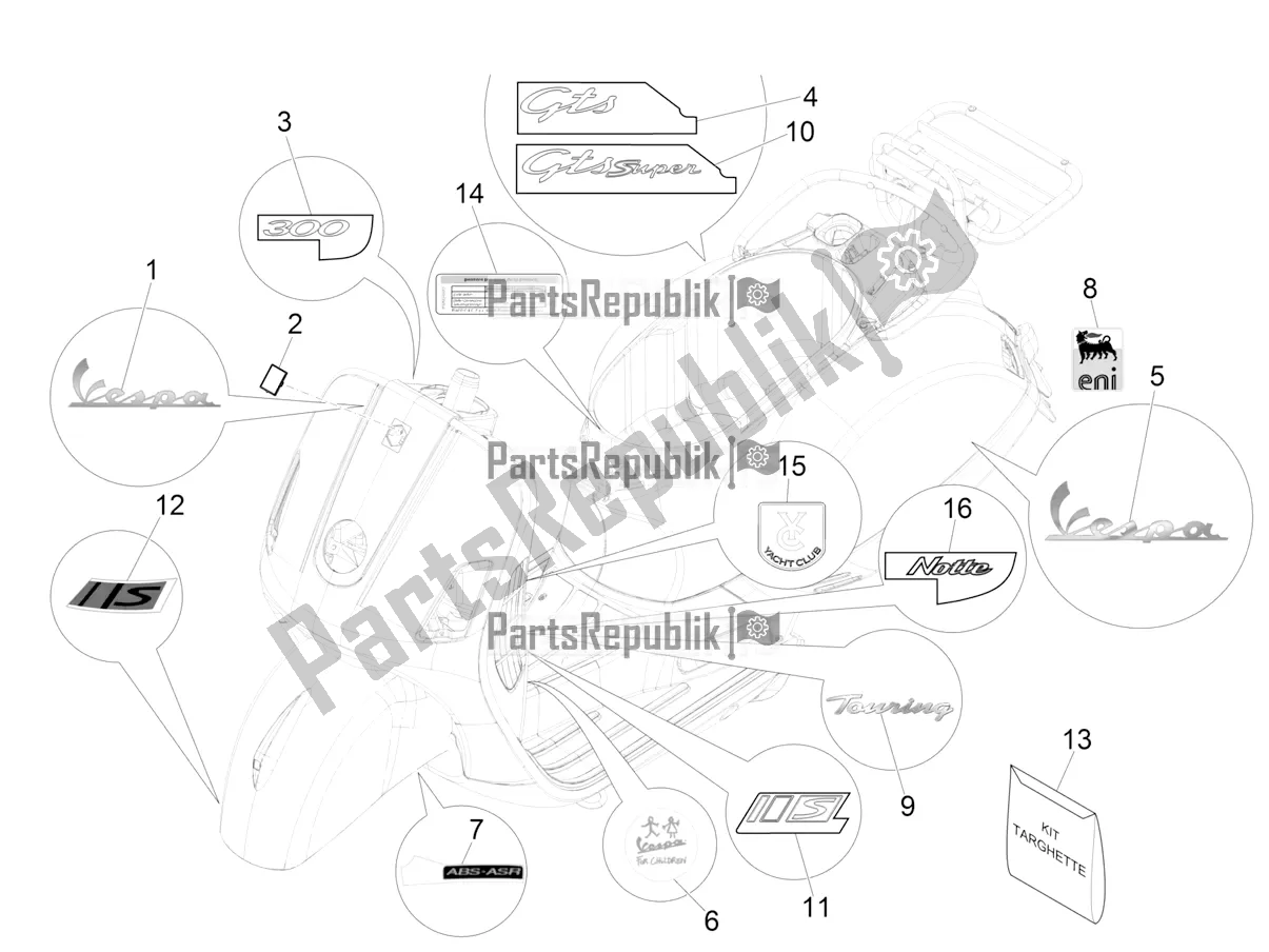 Todas las partes para Placas - Emblemas de Vespa GTS 300 \ Super 4V IE ABS 2017